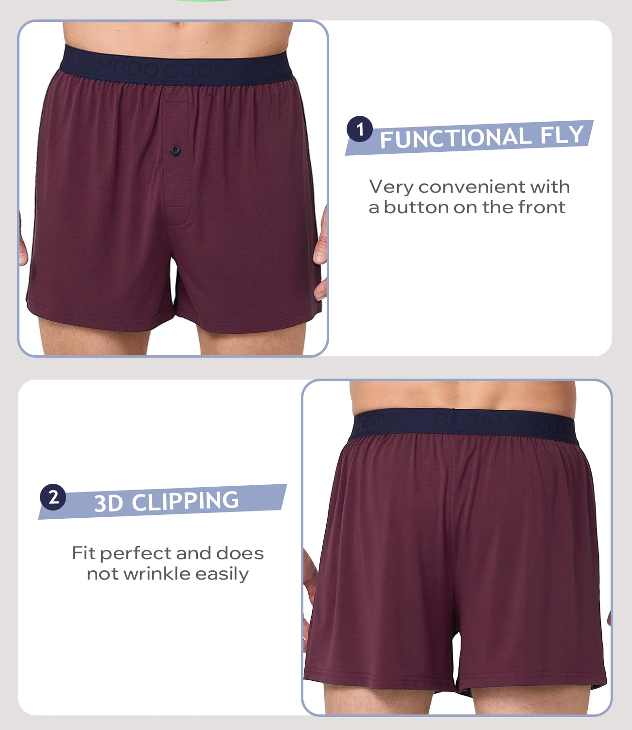 BAMBOO COOL Mens Underwear Boxers Moisture-wicking and Cool Men's Boxer Shorts Loose Fit Super Soft 4 Pack