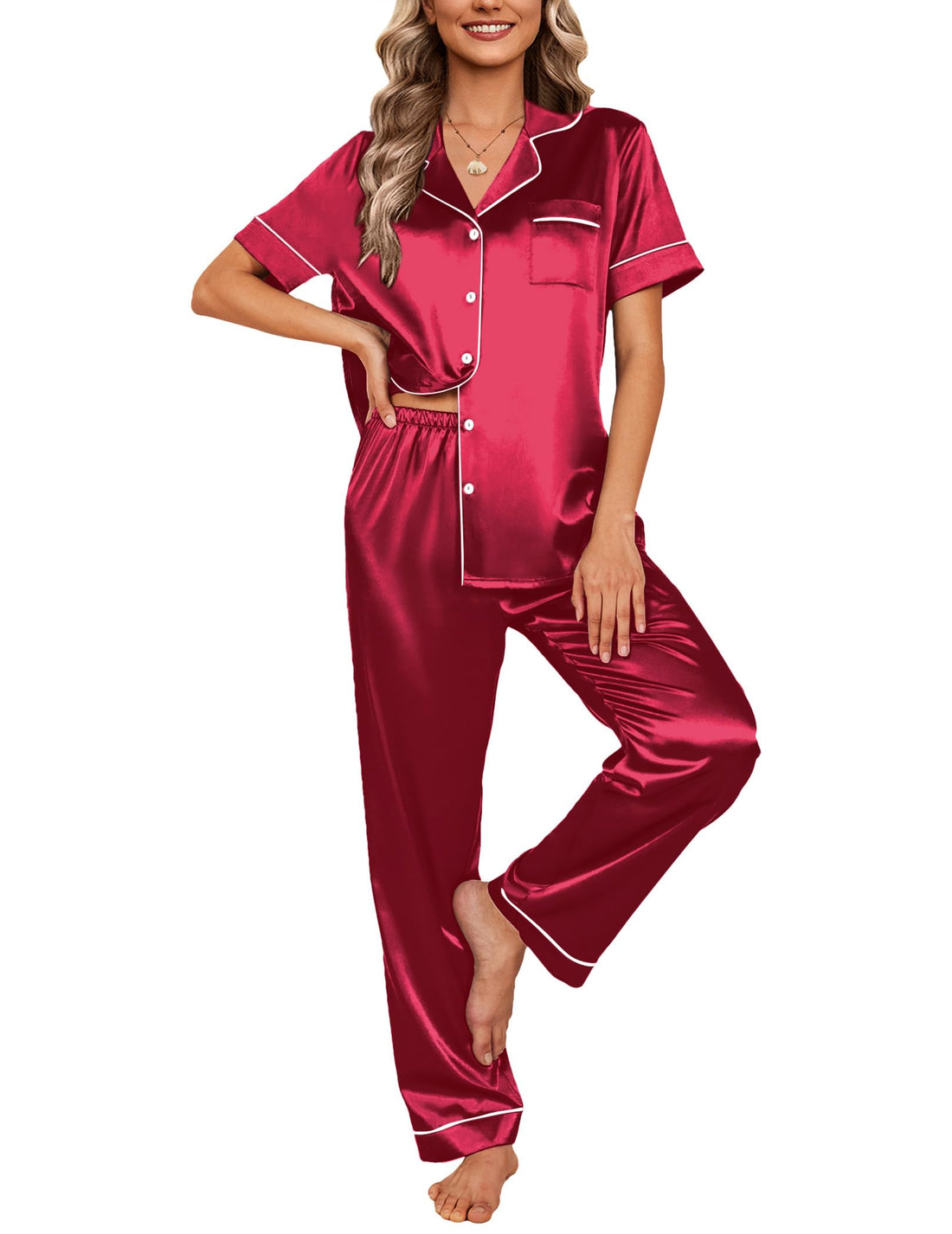 Ekouaer 2 Piece Satin Short Sleeve Pajamas Set Button Down Sleepwear