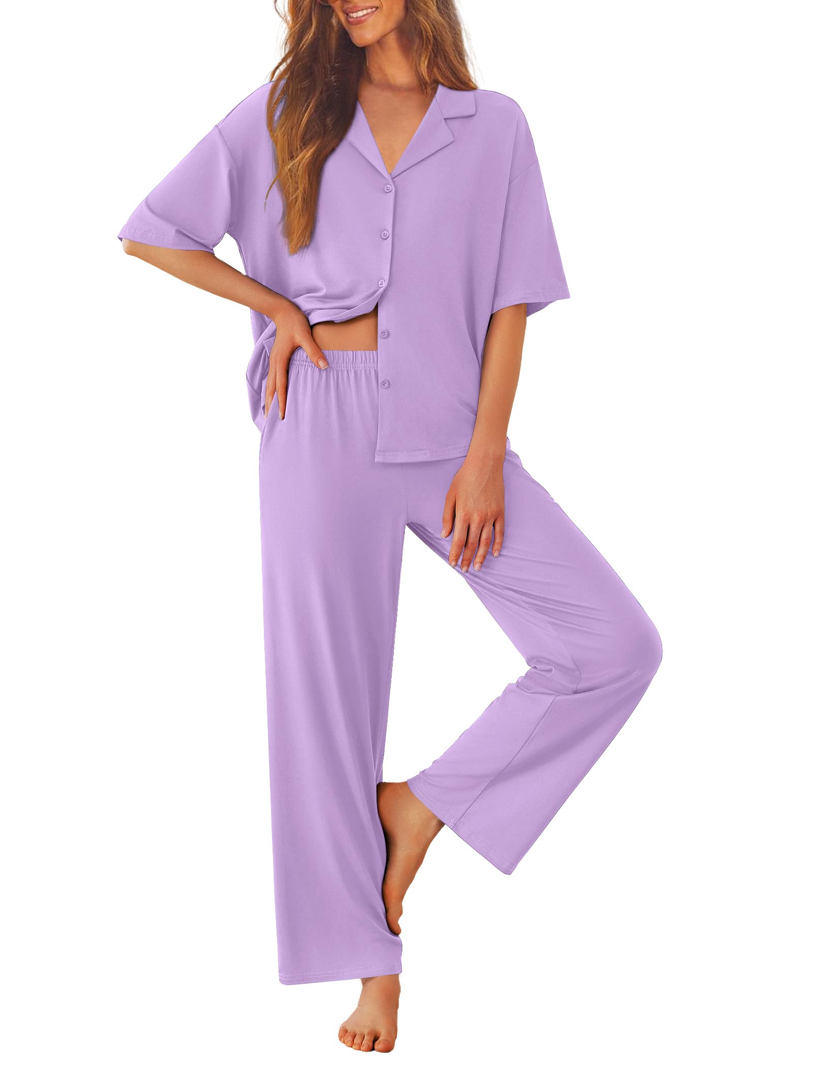 Ekouaer Women Pajamas Set Button Down Sleepwear Short Sleeve Pjs Long Pants