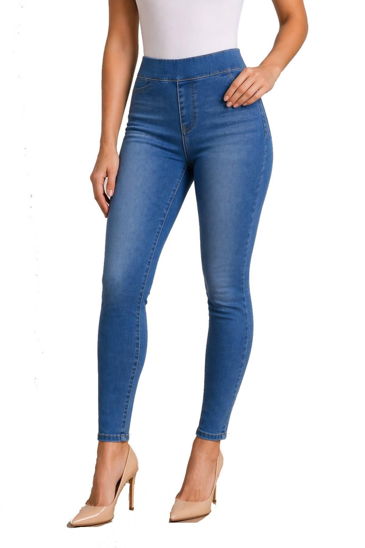 Jvini Women’s Stretch Denim Pull On Jeans with Pockets – Ripped Distressed Elastic Waist Jeggings Skinny Denim Pants