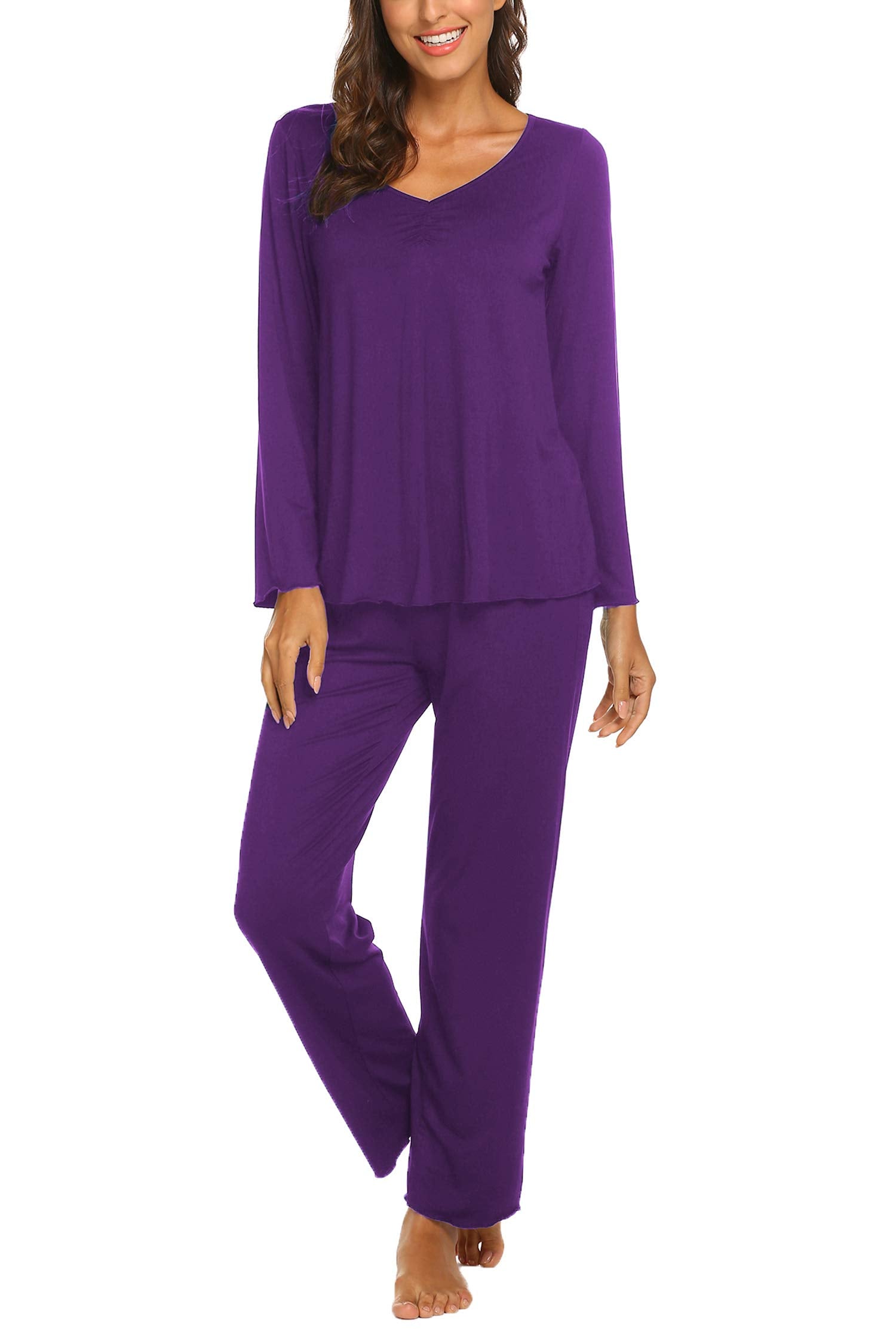 Ekouaer Pajamas for Women Set Long Sleeve Pleated Top and Pants Loungewear