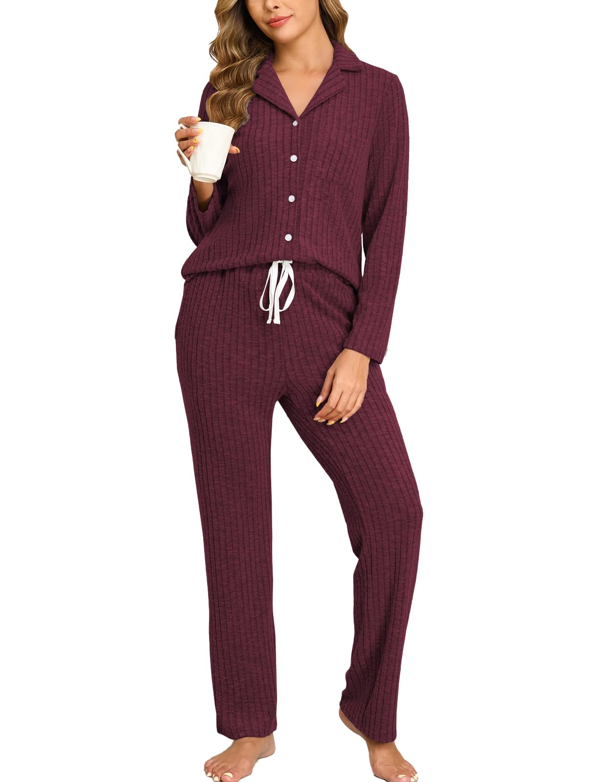 Veseacky Women's Ribbed Knit Pajamas Set 2 Piece Warm Soft Loungewear Sleepwear Pjs S-XXL
