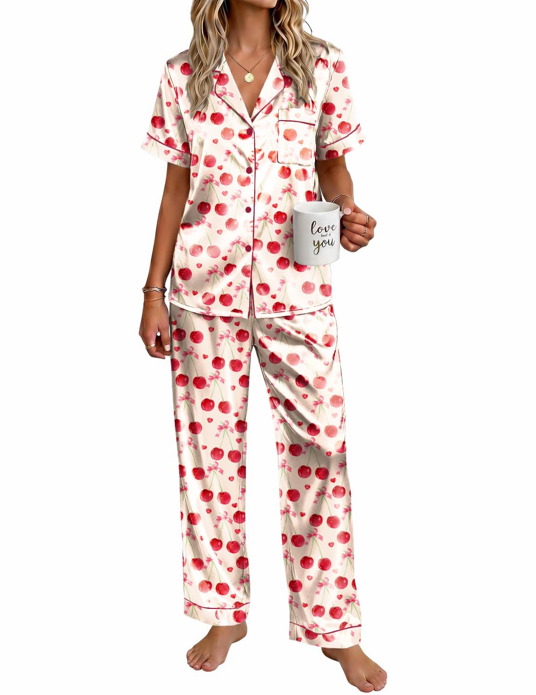 Ekouaer Womens Satin Pajama Set Silky Short Sleeve Button Down Pj Set