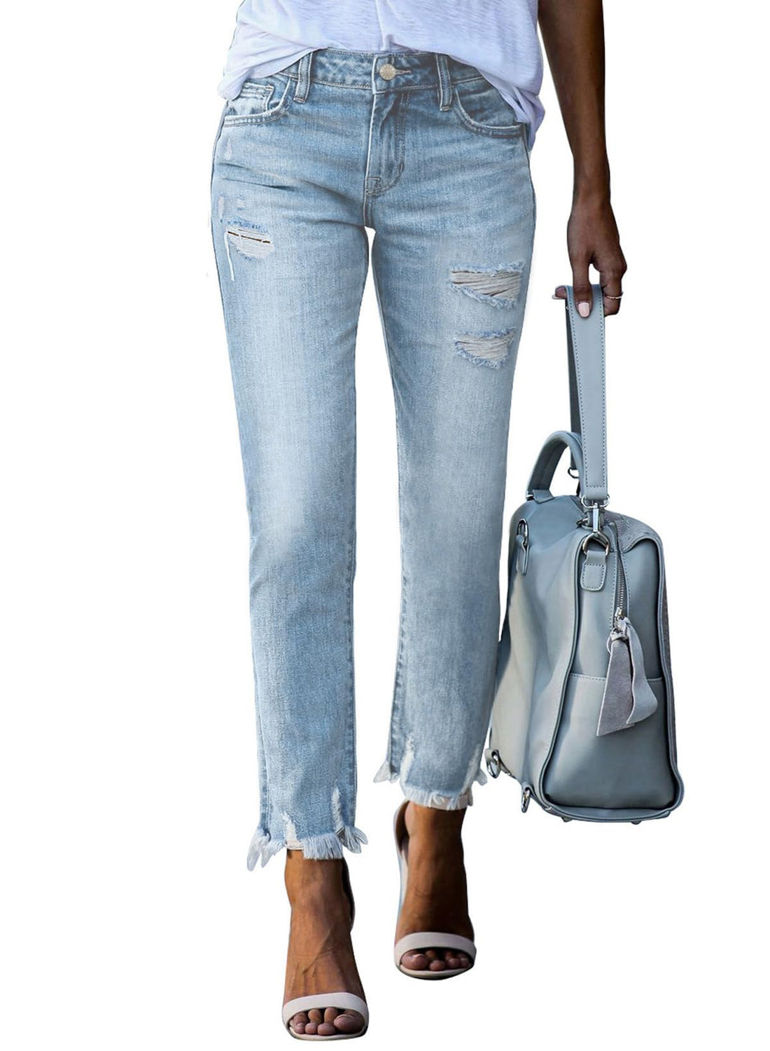 EVALESS Women's High Waisted Tummy Control Straight Ankle Ripped Jeans