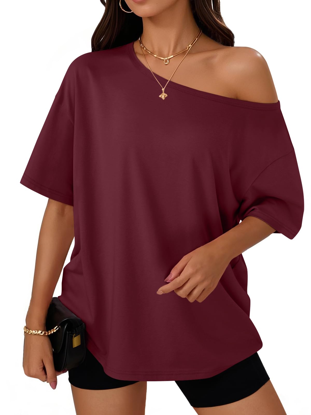 Trendy Queen Womens Off the Shoulder Tops Oversized Summer T-Shirts 2026 | Breathable comfort stretch fabric, short sleeve, basic oversized tees, casual workout gym, y2k going out clothes