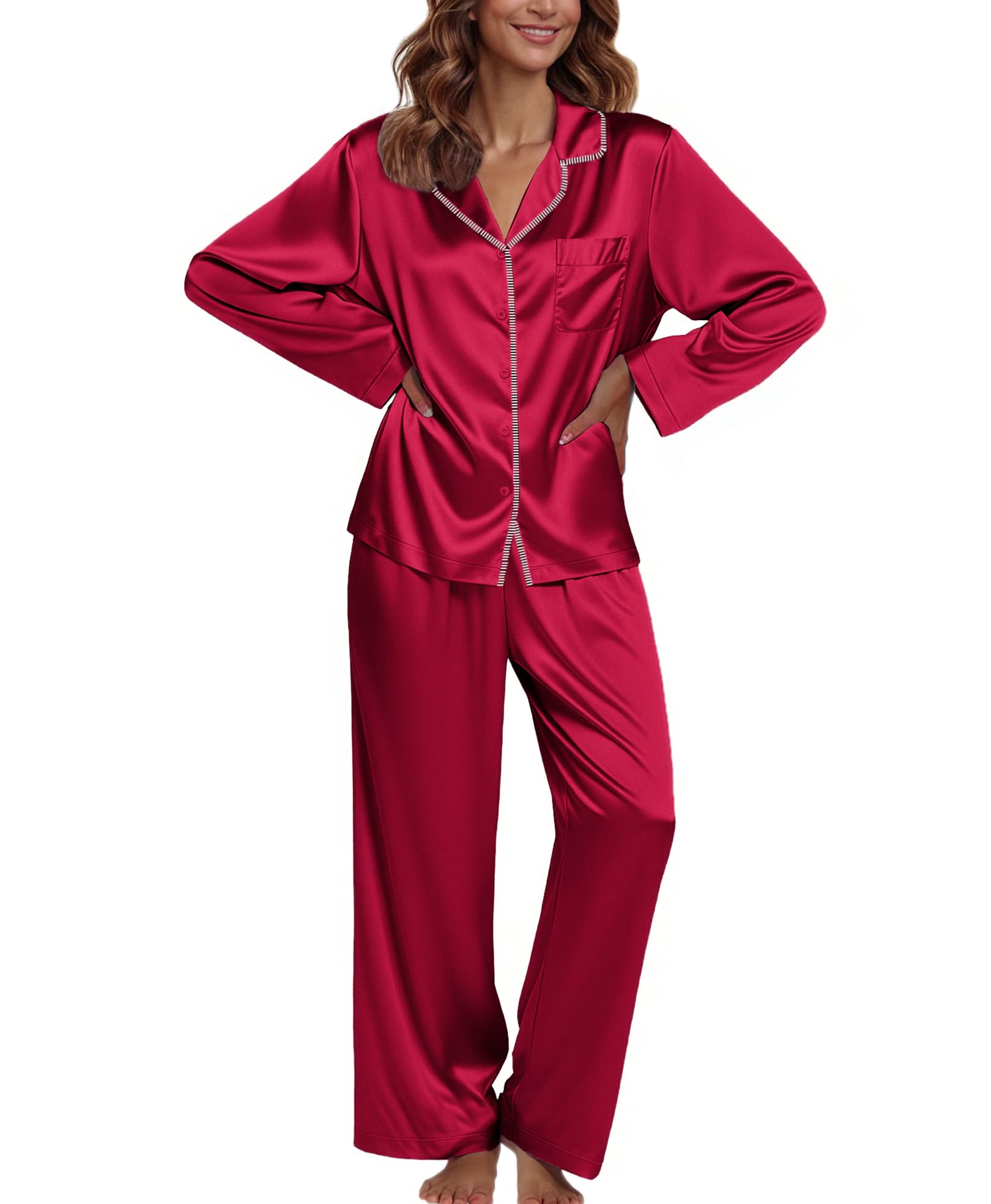 Ekouaer Pajamas For Women Silk Pjs Long Sleeve Button Down Lounge Sets
