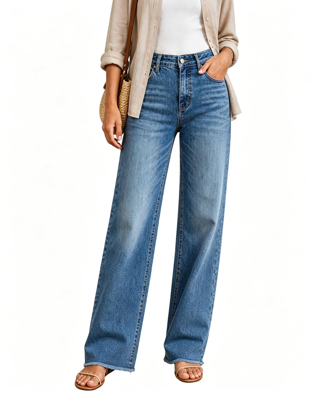 Womens High Waisted Jeans Stretchy Straight Leg Loose Fit Tummy Control Raw Hem Denim Pants Trendy Fashion