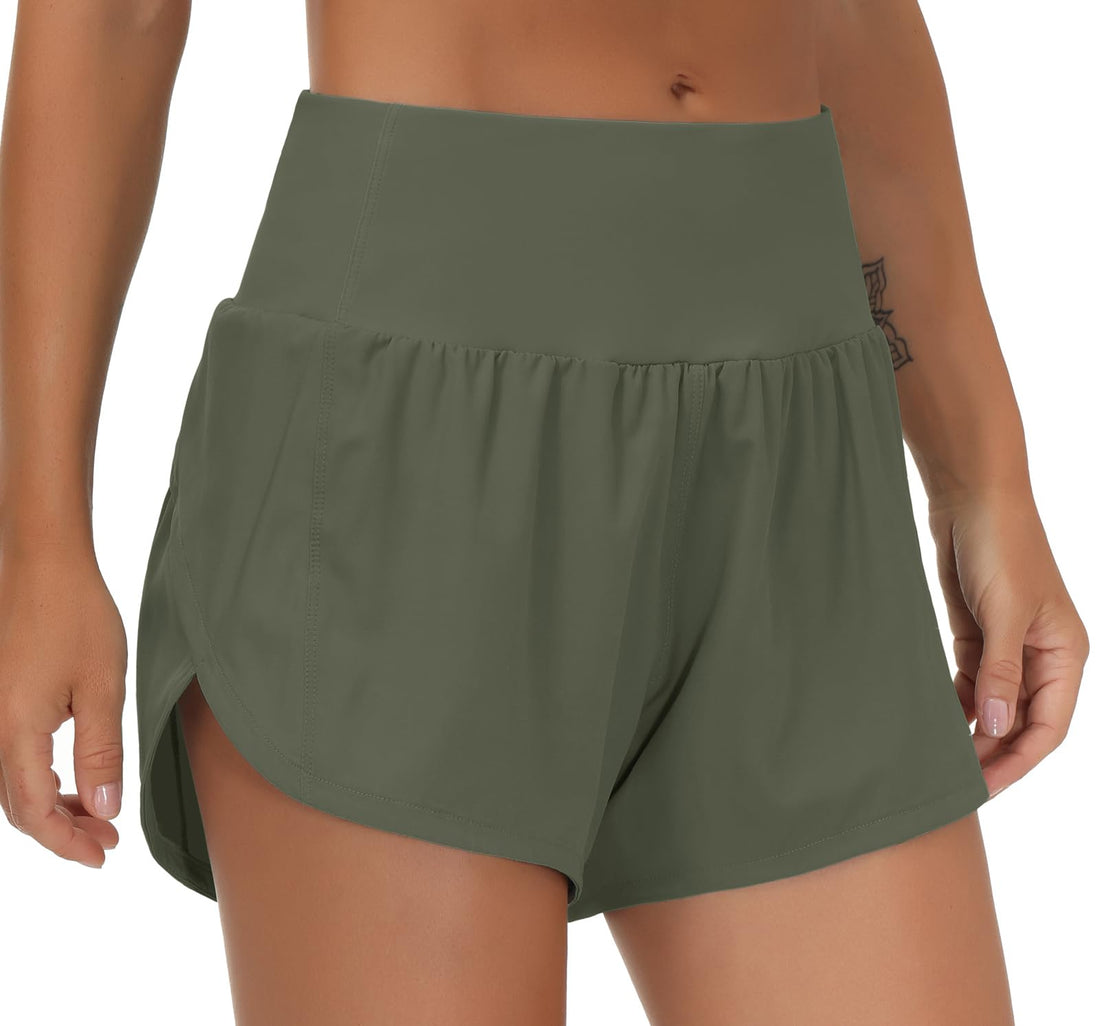 THE GYM PEOPLE Women's High Waisted Running Shorts Quick Dry Workout Shorts | High Waist, Slim Fitted, Built-in Mesh Lined, Back Zipper Pockets, Lightweight, Breathable, Side Slit