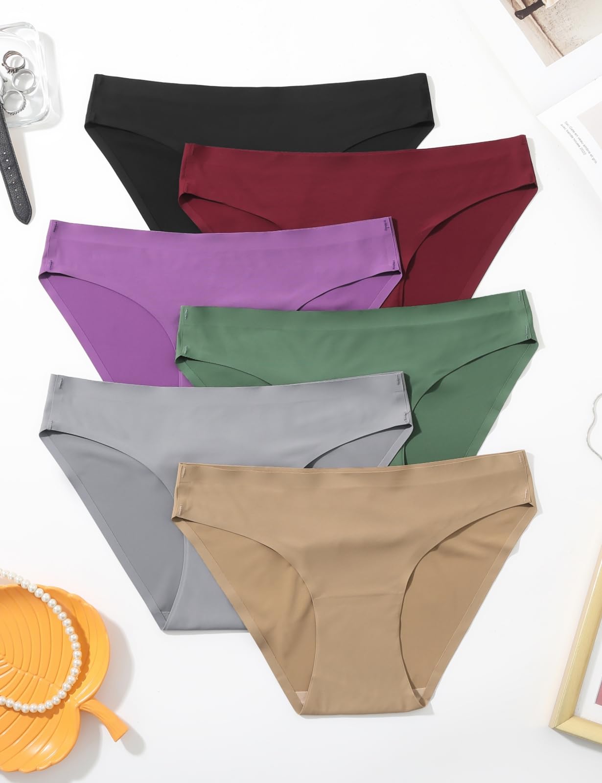 Caterlove Women's Seamless Underwear No Show Stretch Bikini Panties Silky Invisible Hipster 6 Pack