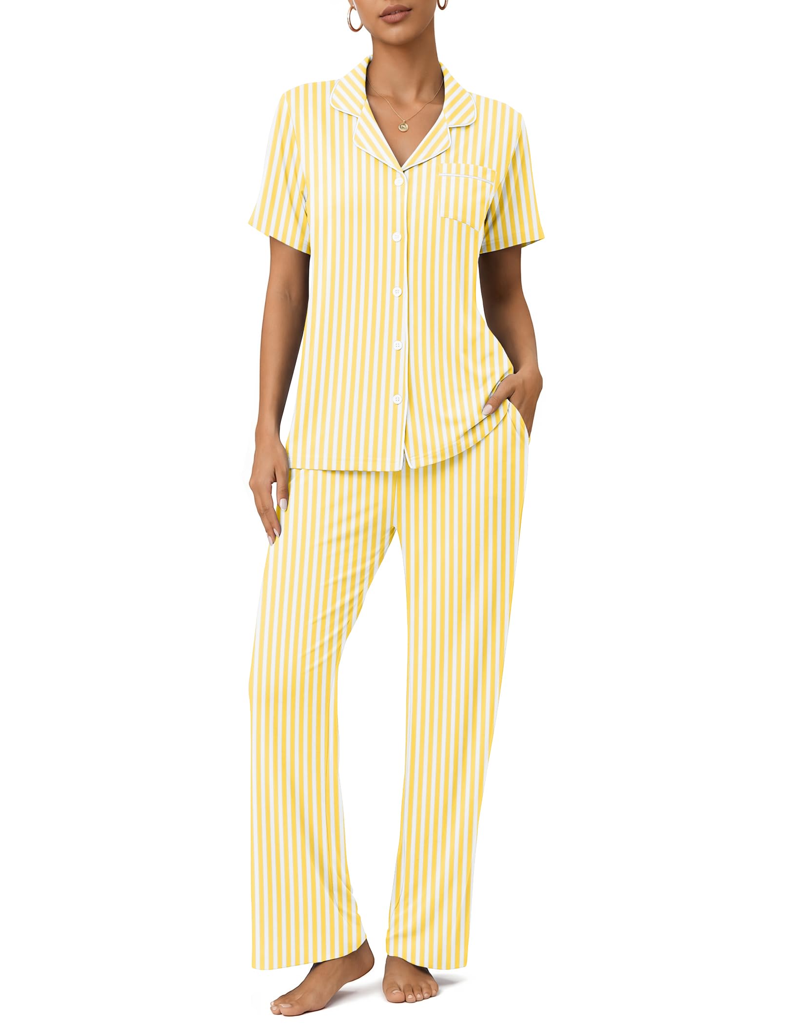 Womens Pajamas Sets 2 Piece Button Up Pj Sets Short Sleeve with Long Pant