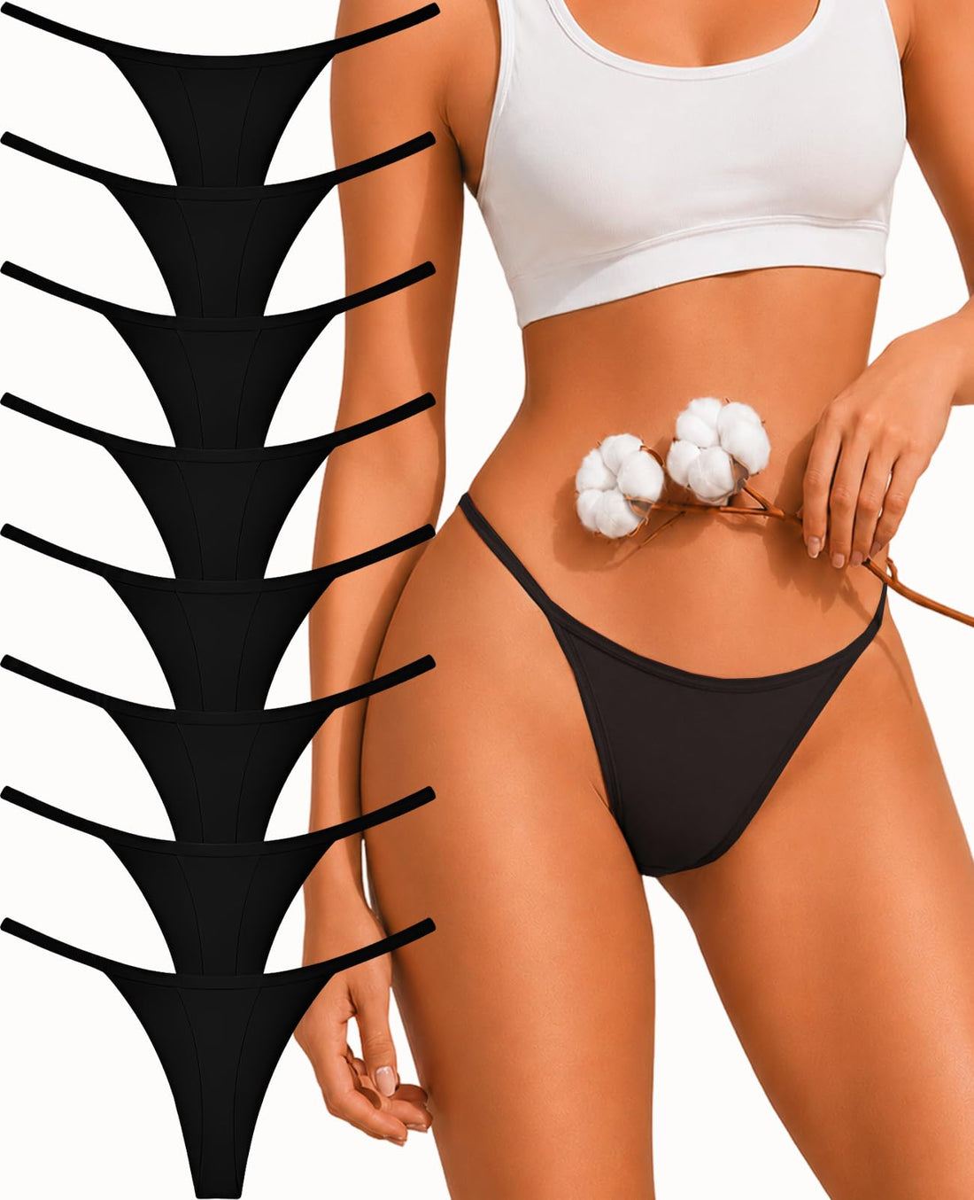 FINETOO 8 Pack Cotton Thongs for Women Sexy G-string Thong Underwear Seamless Low Rise Panties for Ladies Lingerie XS-XXL