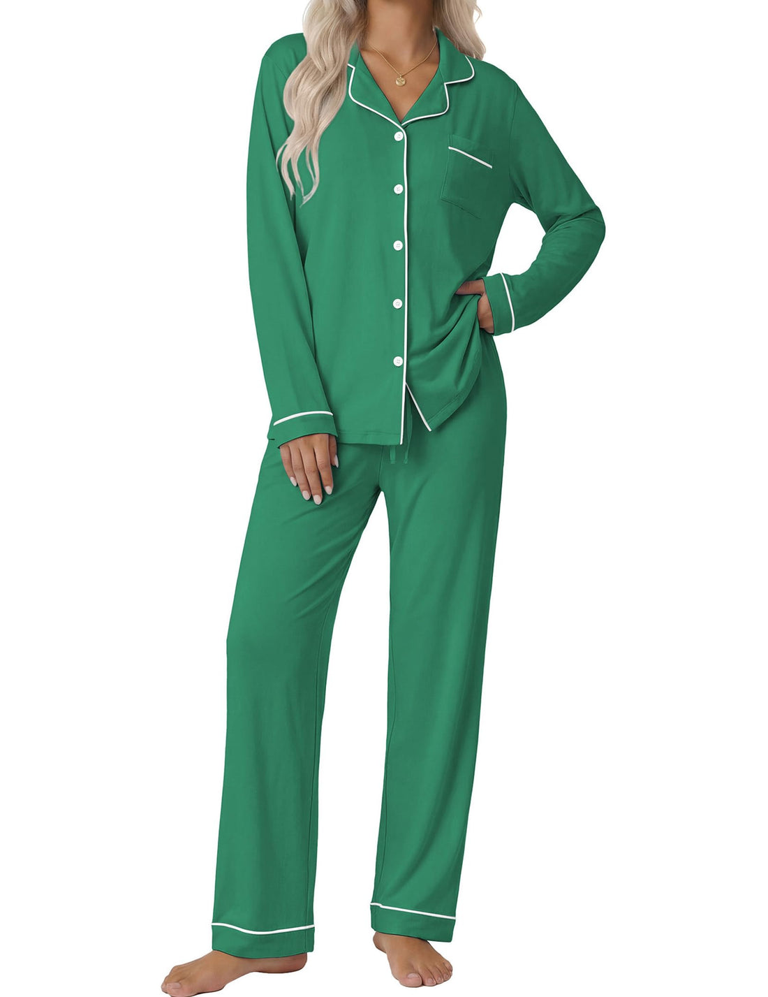Ekouaer Women's Classic Long Sleeve Button Down Pajama Set