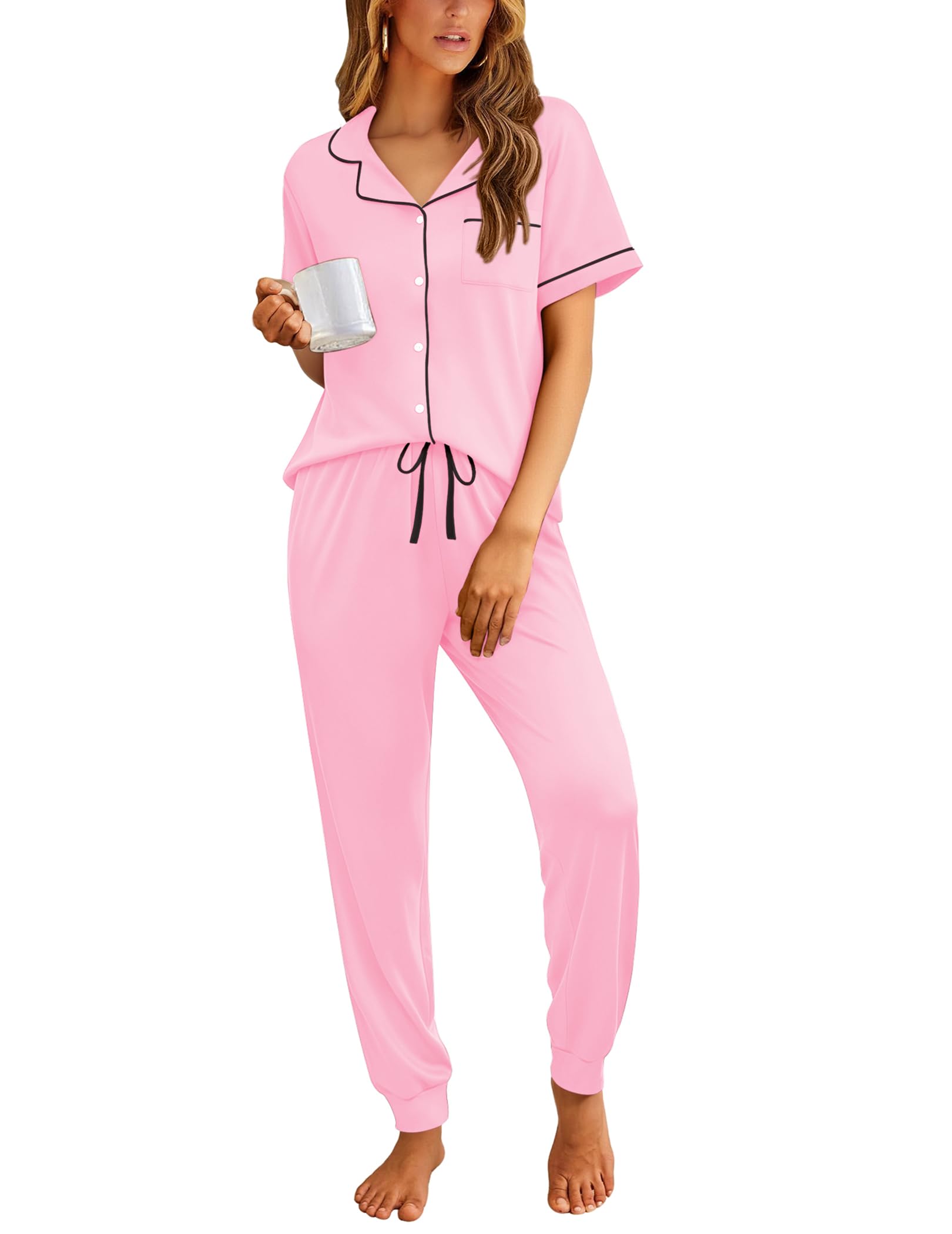 Ekouaer Women Pajama Set Short Sleeve Button Down Pjs with Jogger Pants