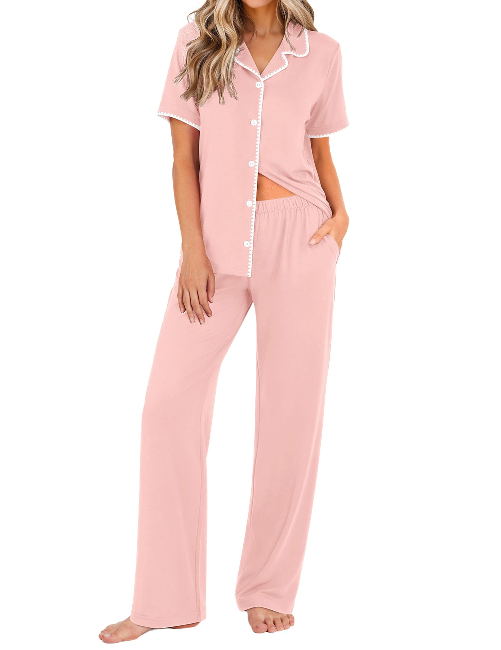 Ekouaer Womens Pajamas Set Button Down Loungewear Short Sleeve Pants Pjs