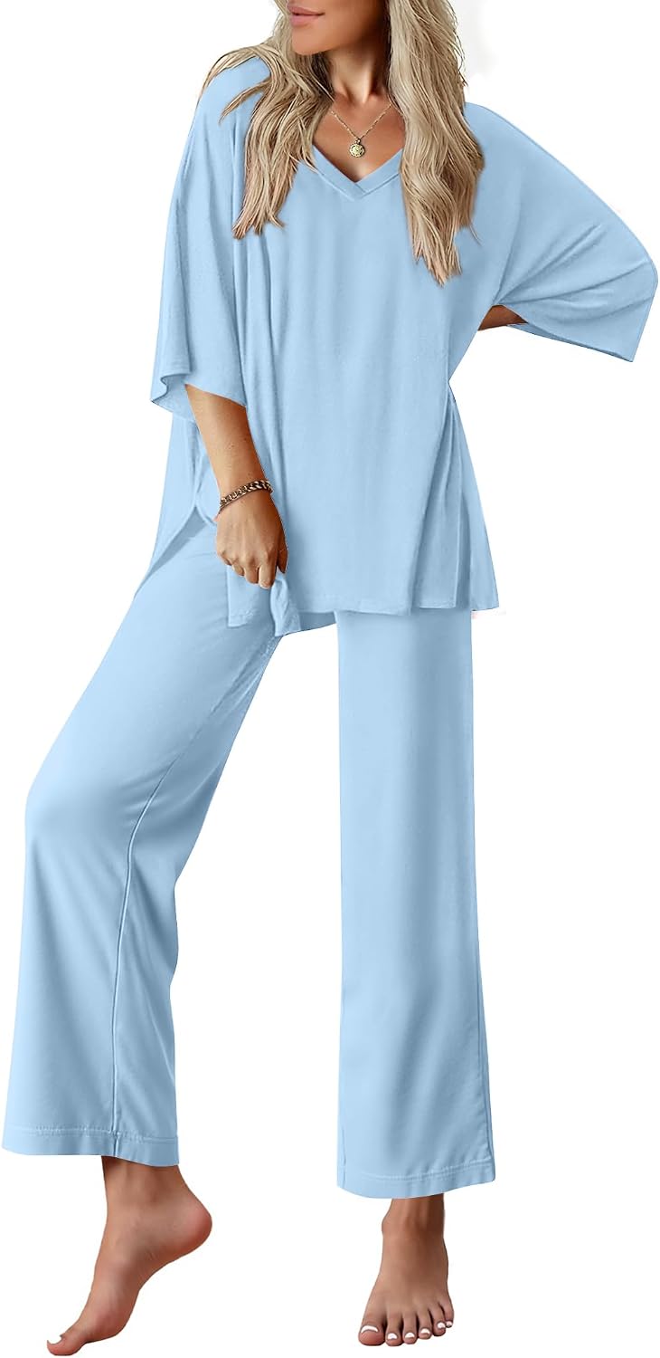 Ekouaer Lounge Sets for Women Short Sleeve Tops and Long Pants Pajamas Set