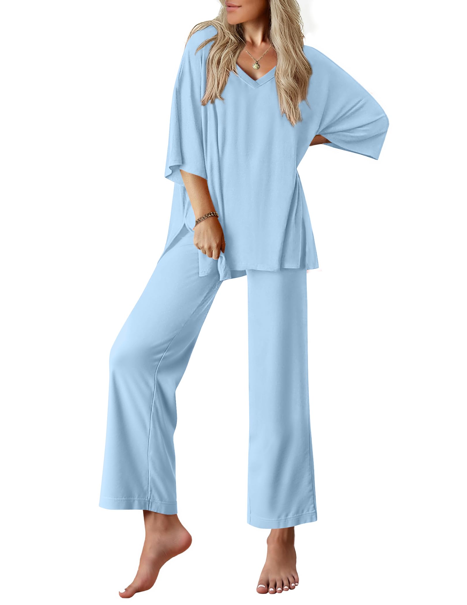 Ekouaer Lounge Sets for Women Short Sleeve Tops and Long Pants Pajamas Set