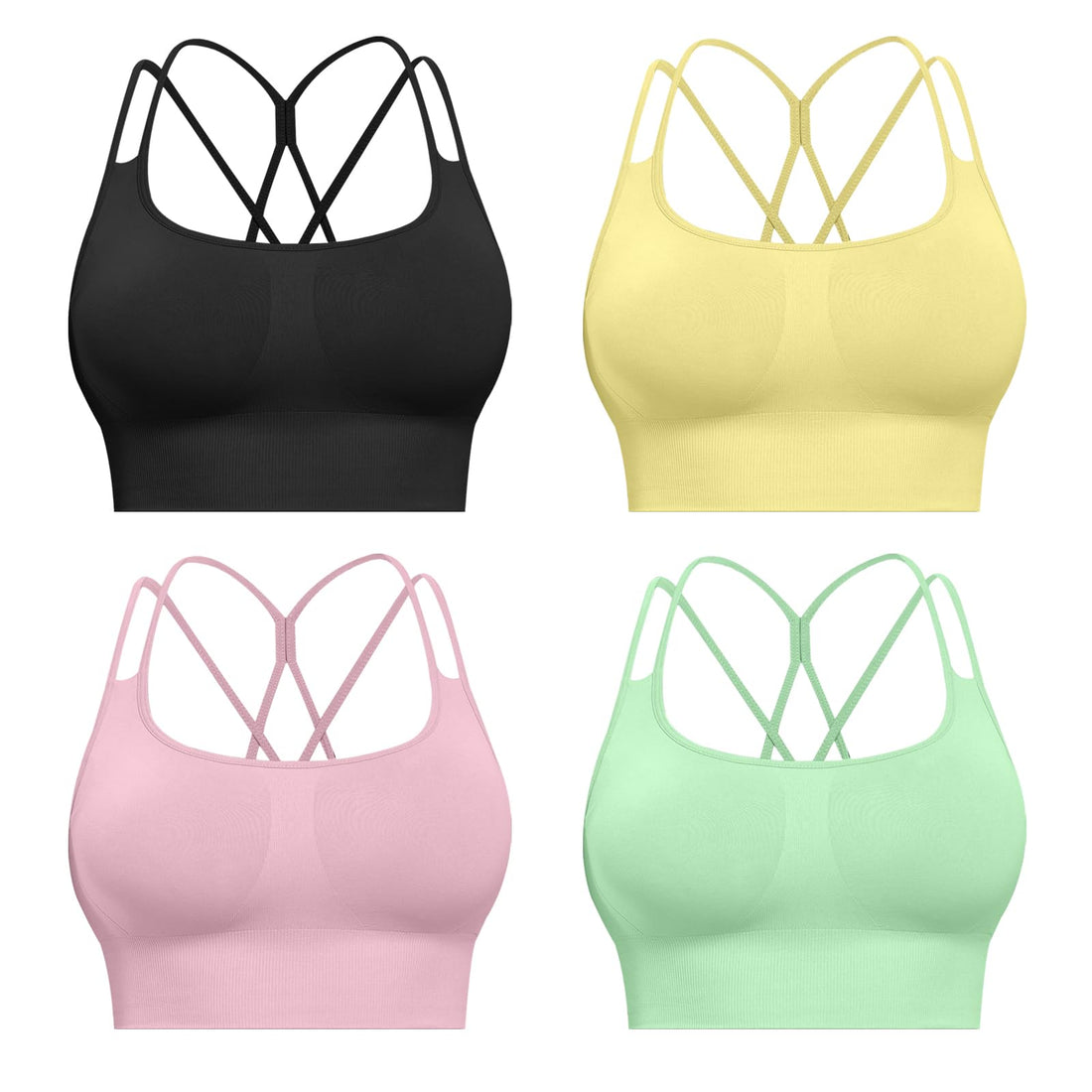 CHRLEISURE Sports Bras for Women, 4 Packs Padded High Support Workout Yoga Seamless Criss-Cross Racerback Bras