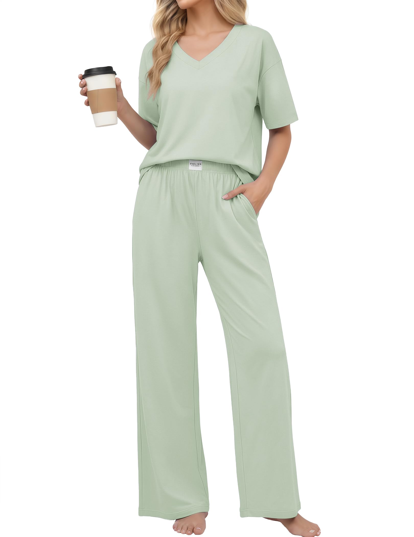 Ekouaer Womens Pajama Sets Cotton Short Sleeve Long Pants Lounge Set