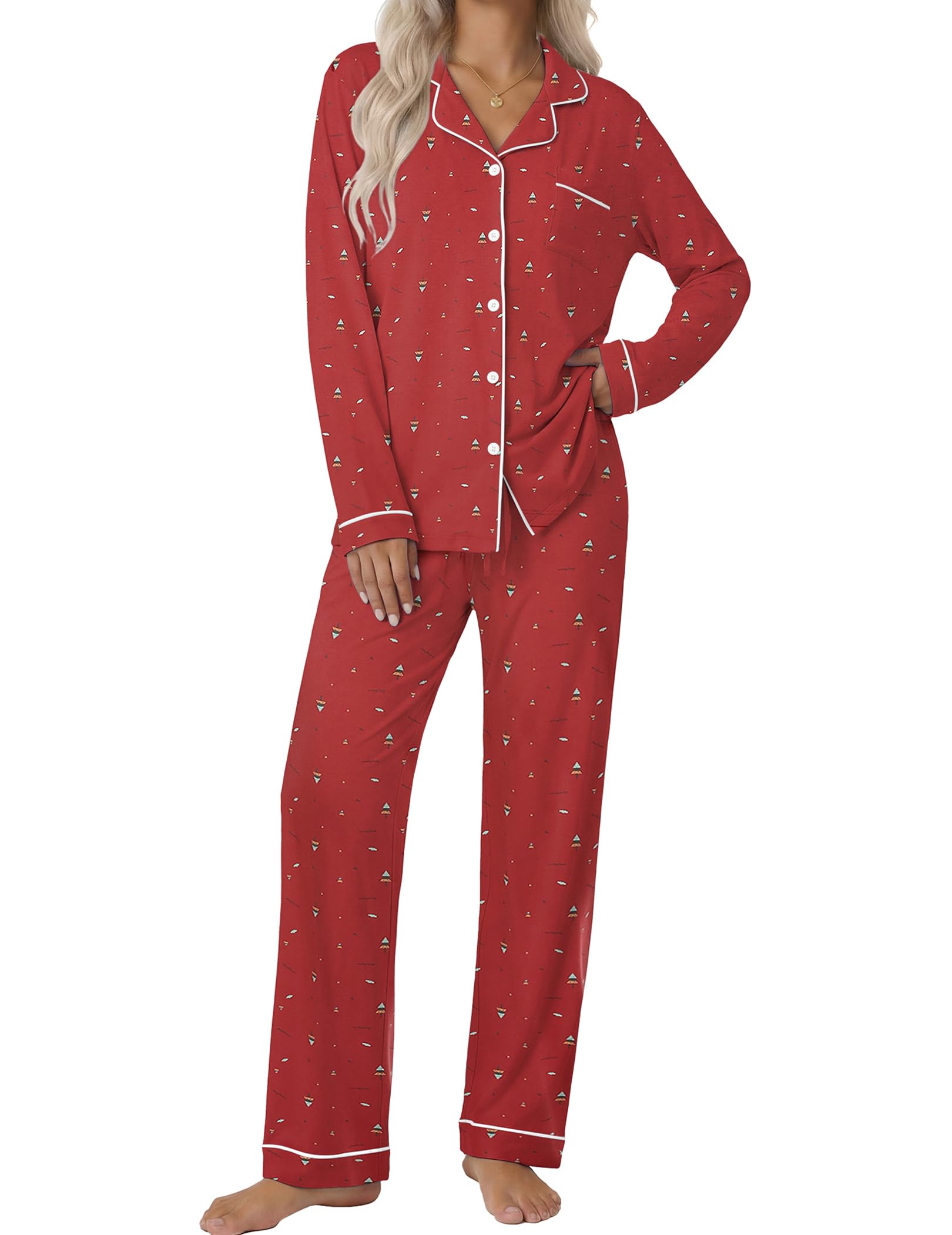 Ekouaer Women's Classic Long Sleeve Button Down Pajama Set