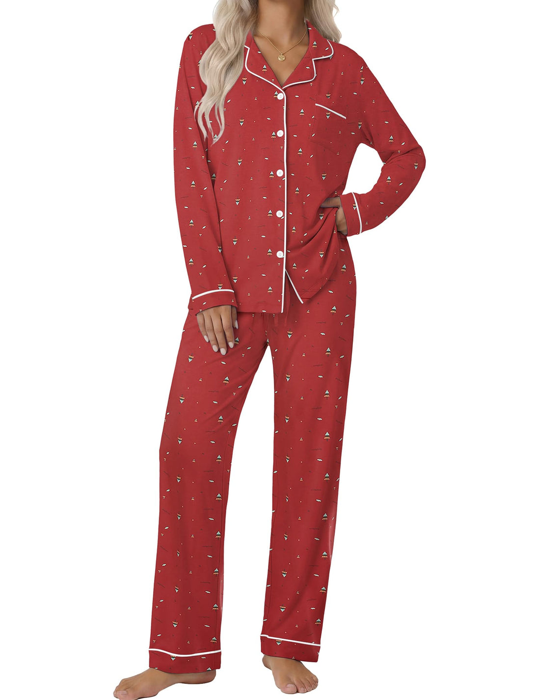 Ekouaer Women's Classic Long Sleeve Button Down Pajama Set