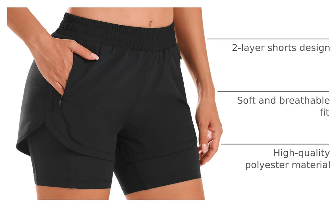 Stelle Women 2 in 1 Running Shorts High Waisted Athletic Shorts Gym Workout Shorts with Liner Zipper Pockets