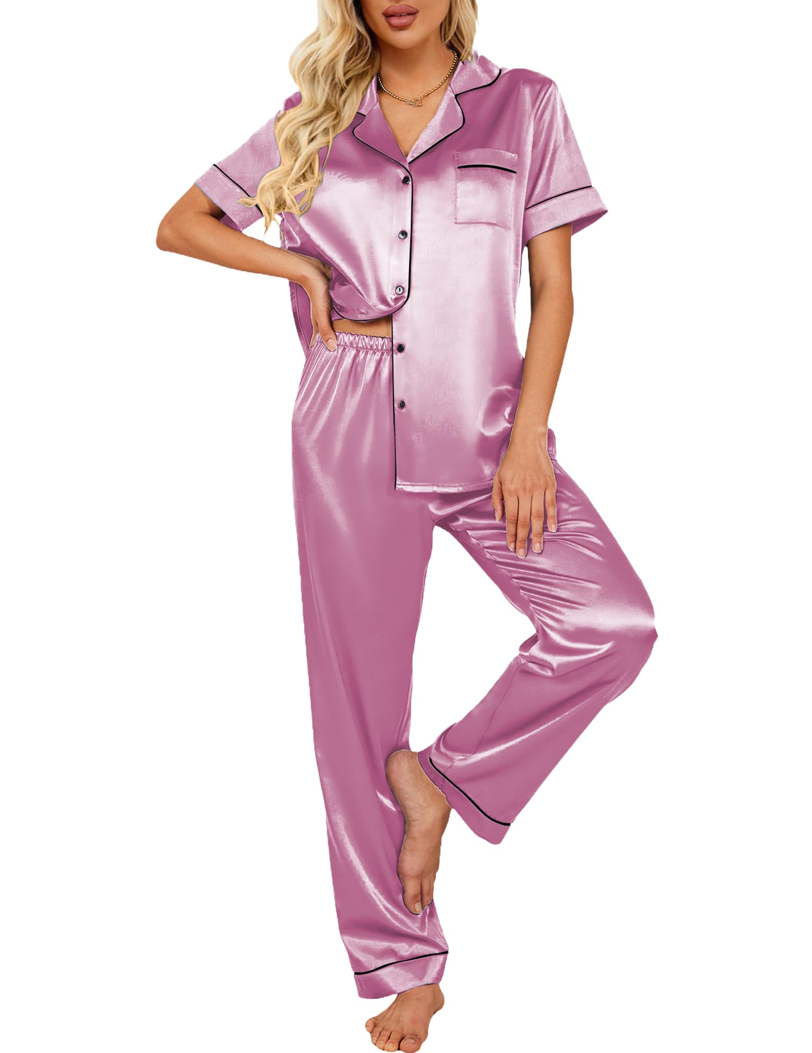 Ekouaer 2 Piece Satin Short Sleeve Pajamas Set Button Down Sleepwear