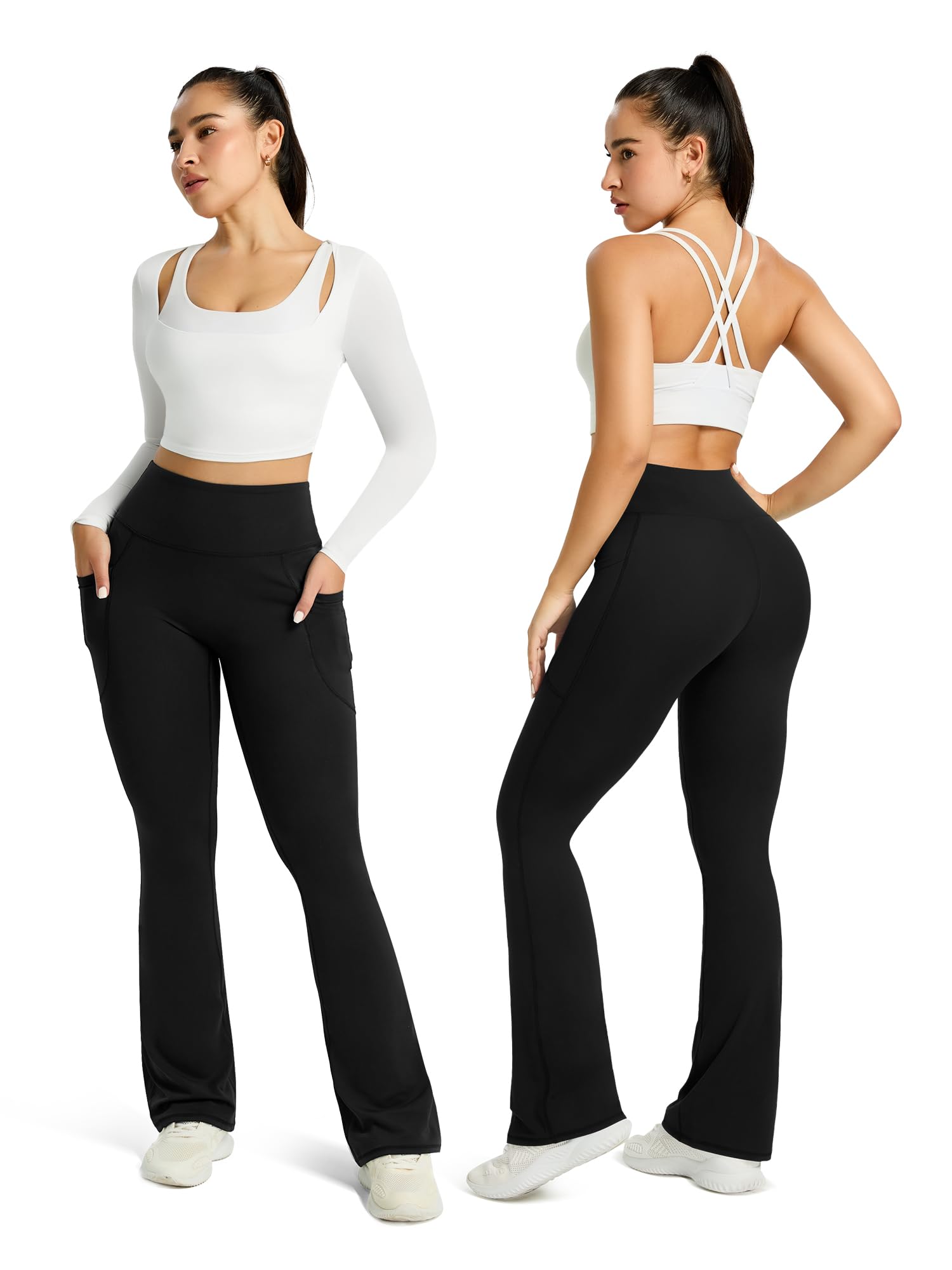 Womens Flared Yoga Pants with Pockets, High Waisted Flare Leggings Bell Bottom Bootcut Yoga Dress Pants