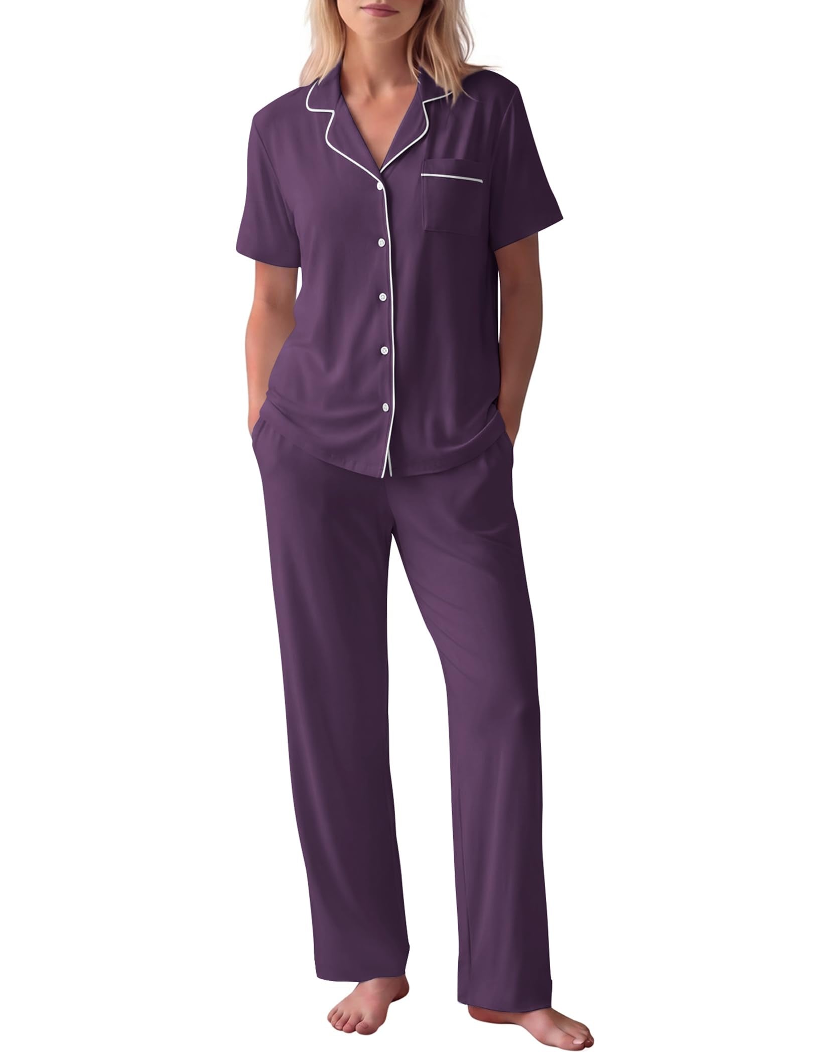HNG Women Pajamas Set 2 Piece Button Up Pajamas Pant and Short Sleeve Shirt for Woman Pj Sets with Pocket