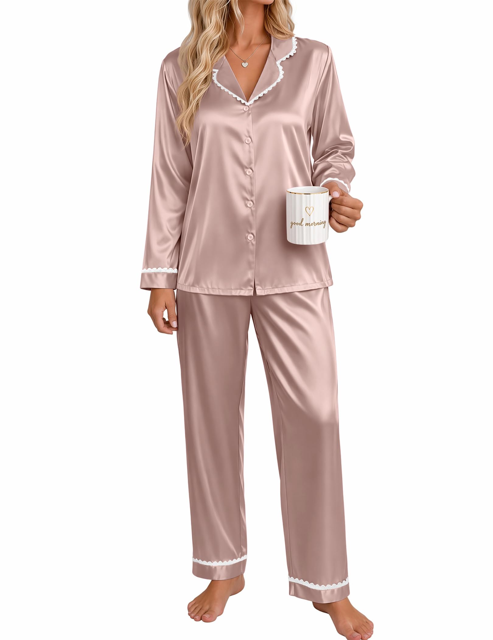 Ekouaer Satin Pajamas for Women Set 2 Piece Silk Pjs Long Sleeve Lounge Set