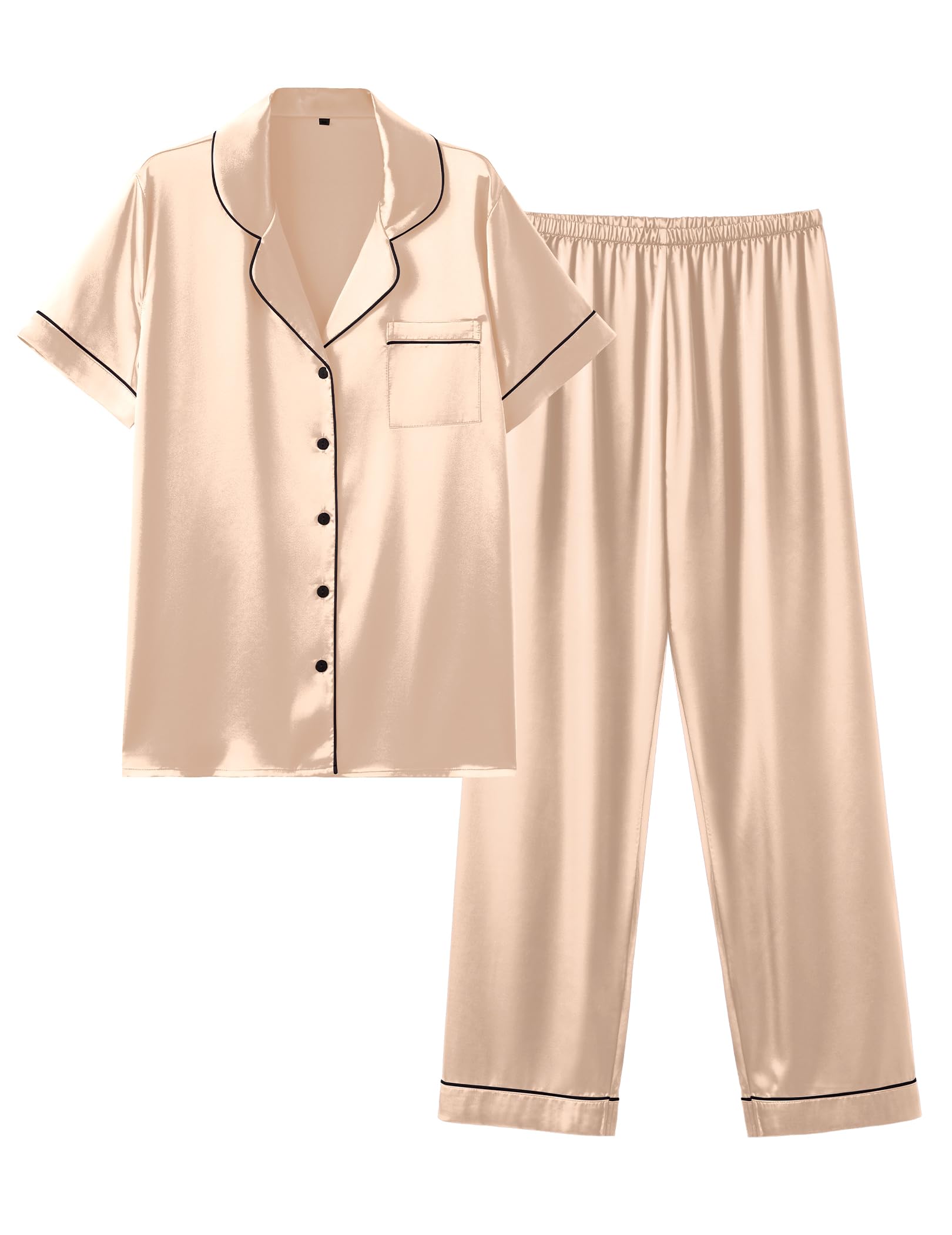 Ekouaer 2 Piece Satin Short Sleeve Pajamas Set Button Down Sleepwear