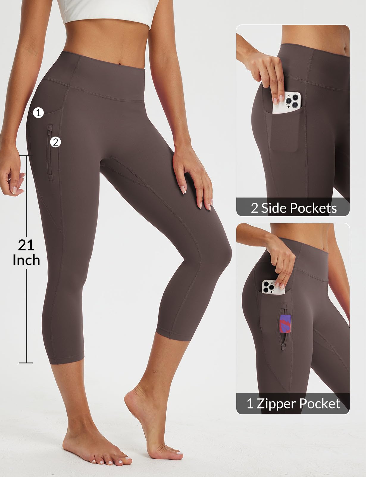 baleaf Women's Capri Leggings with 3 Pockets Tummy Control 21" Inseam Workout Capris Yoga Pants