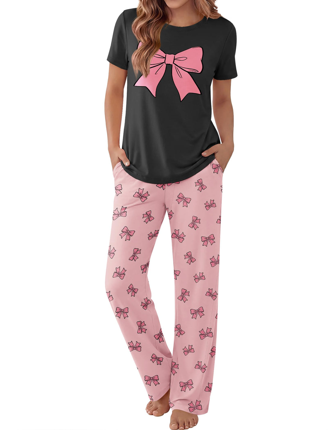 Ekouaer Pajama Set for Women 2 Piece Pjs Short Sleeve Top and Printed Pants