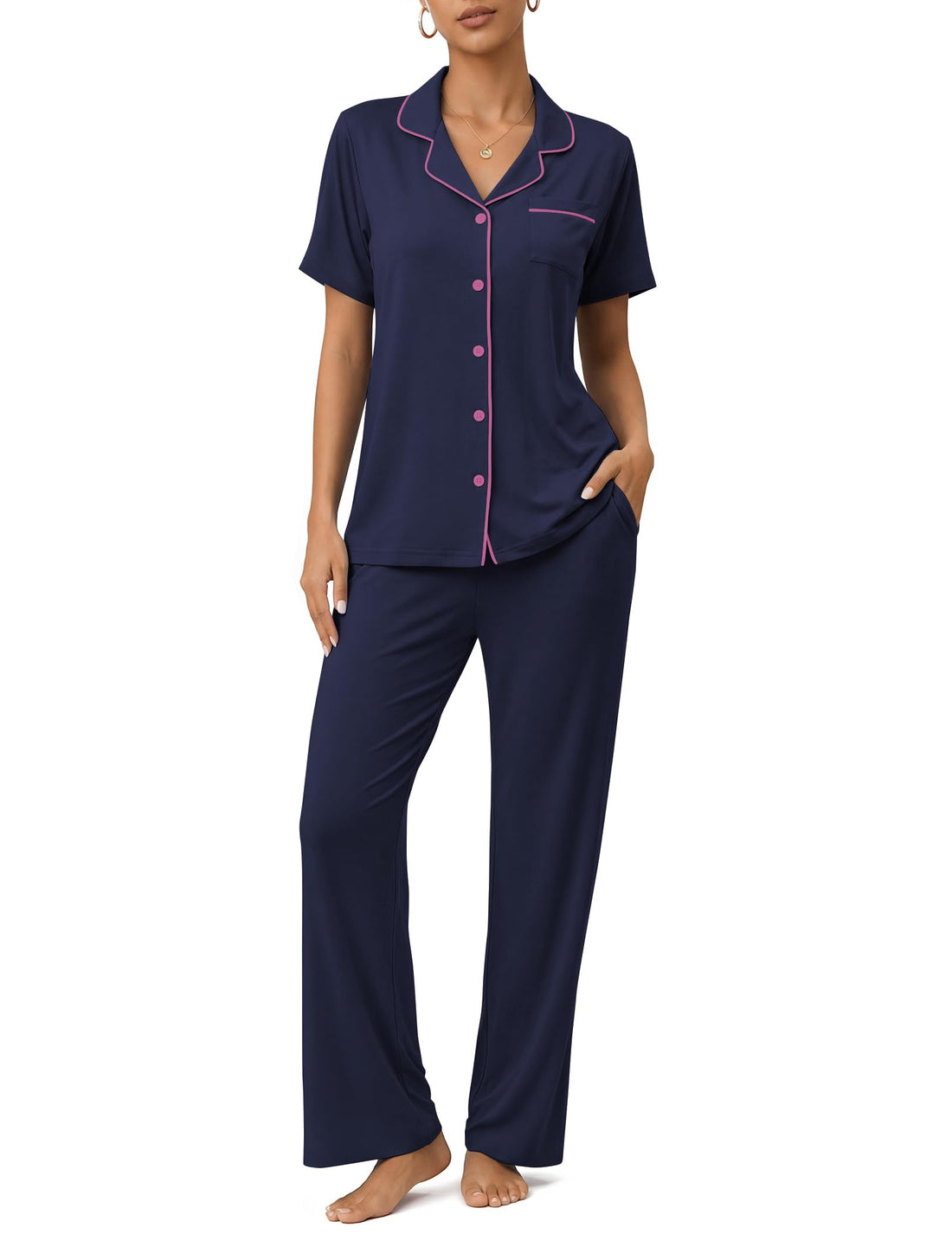Womens Pajamas Sets 2 Piece Button Up Pj Sets Short Sleeve with Long Pant