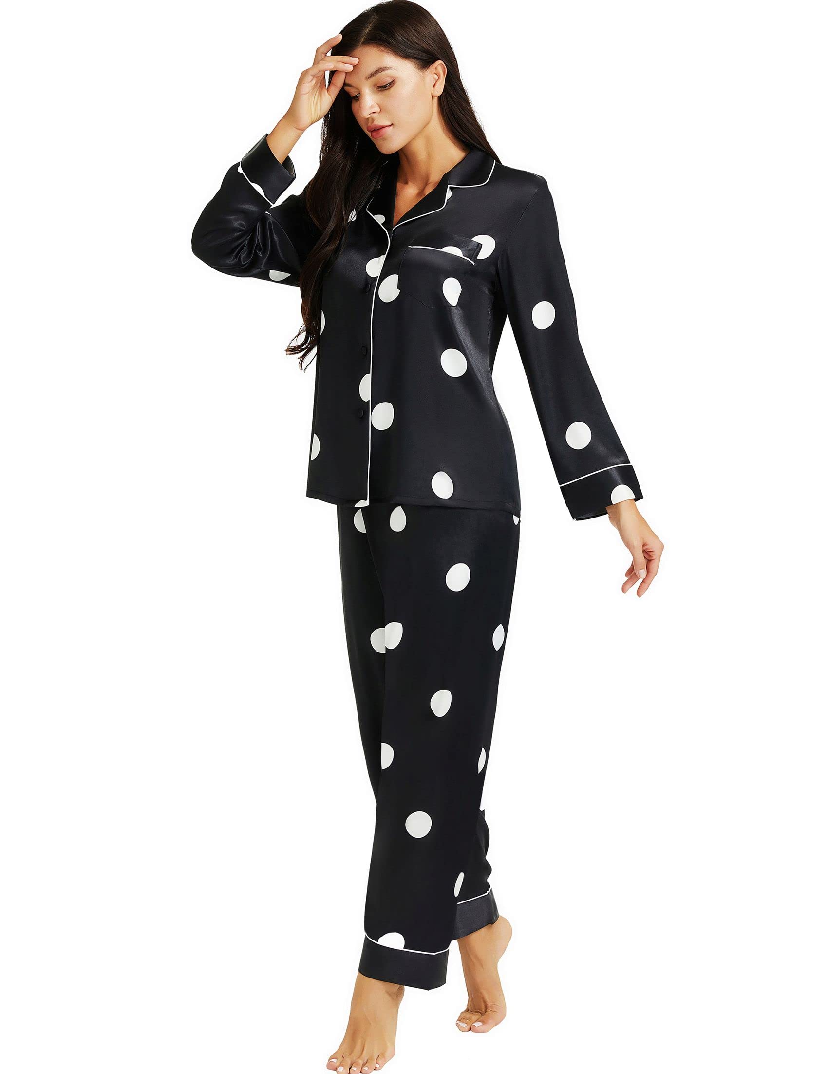 Lonxu Womens Satin Pajama Set Button Down Sleepwear Long Pj XS-3XL