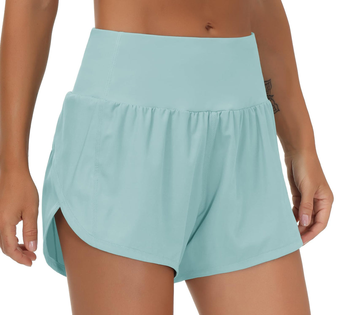 THE GYM PEOPLE Women's High Waisted Running Shorts Quick Dry Workout Shorts | High Waist, Slim Fitted, Built-in Mesh Lined, Back Zipper Pockets, Lightweight, Breathable, Side Slit