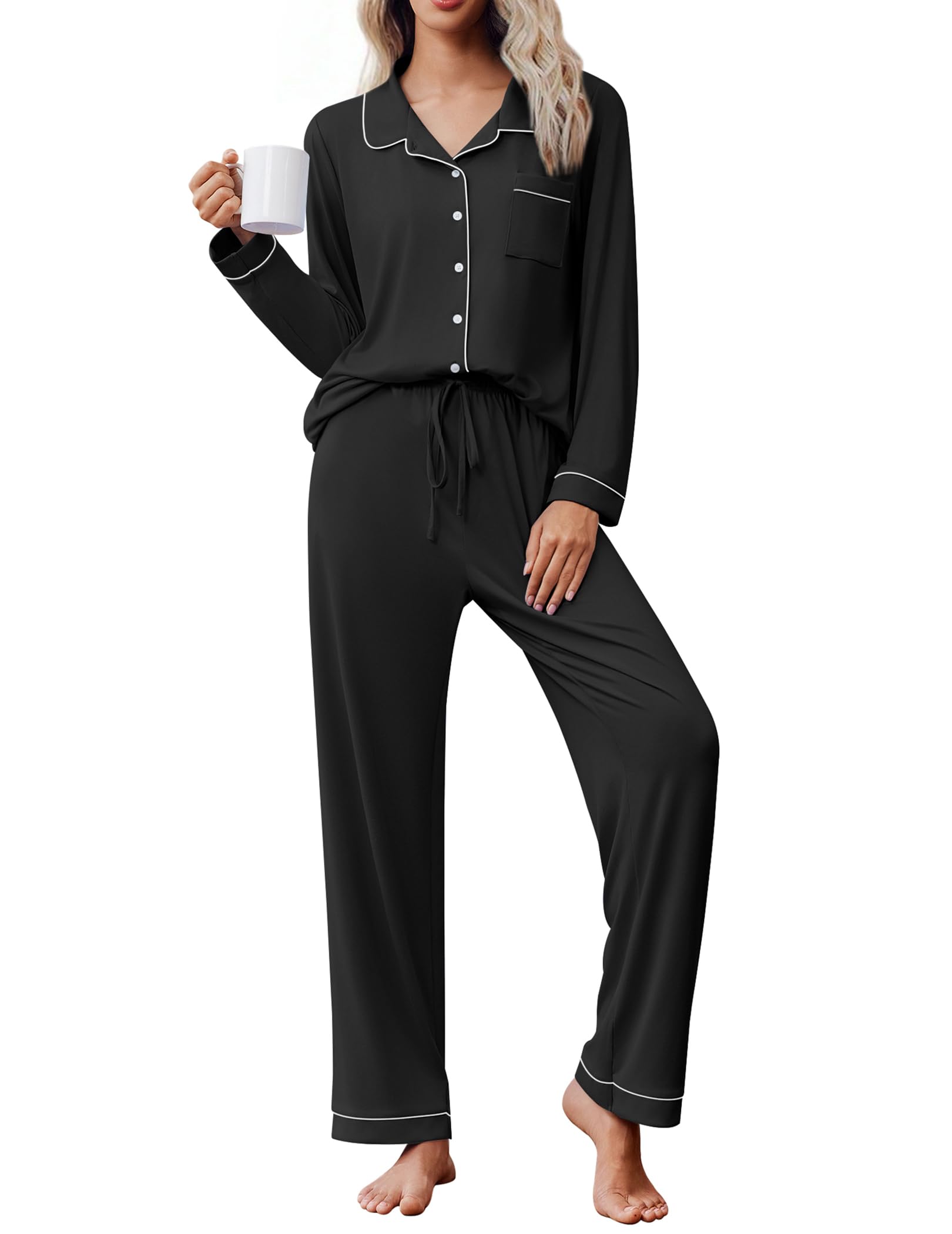Ekouaer Women's Pajama Set Long Sleeve Lounge Set Soft Button Down Pjs