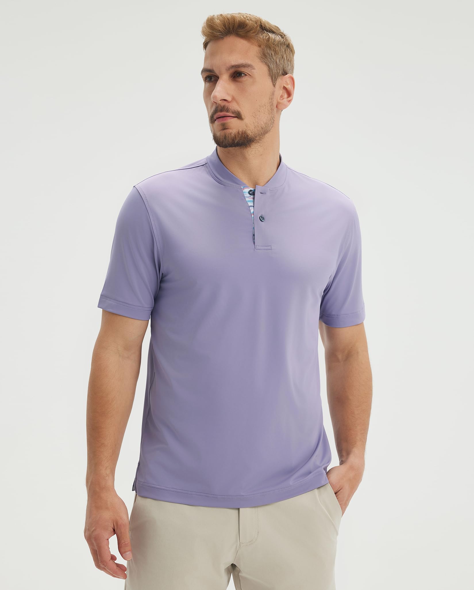 M MAELREG Mens Golf Shirts Collarless Performance Dry Fit Moisture Wicking Casual Solid Short Sleeve Henley Shirts for Men