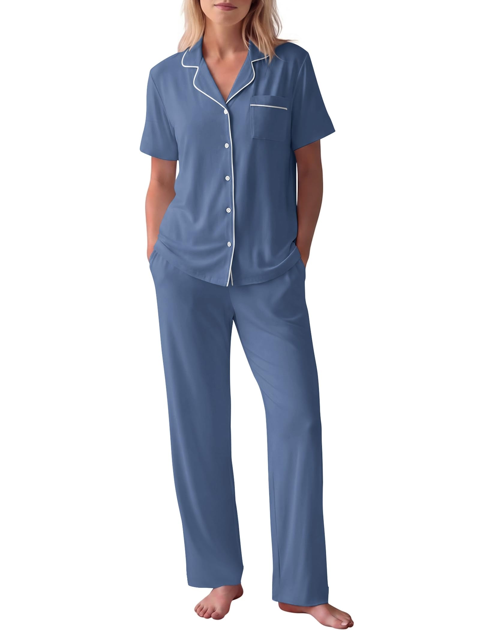 HNG Women Pajamas Set 2 Piece Button Up Pajamas Pant and Short Sleeve Shirt for Woman Pj Sets with Pocket