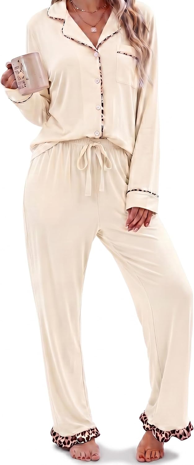 RONGTAI Women Summer Pjs Sets Long Sleeve Button Down Leopard Pajama Sets Ruffle Hem Loungeset Soft Sleepwear