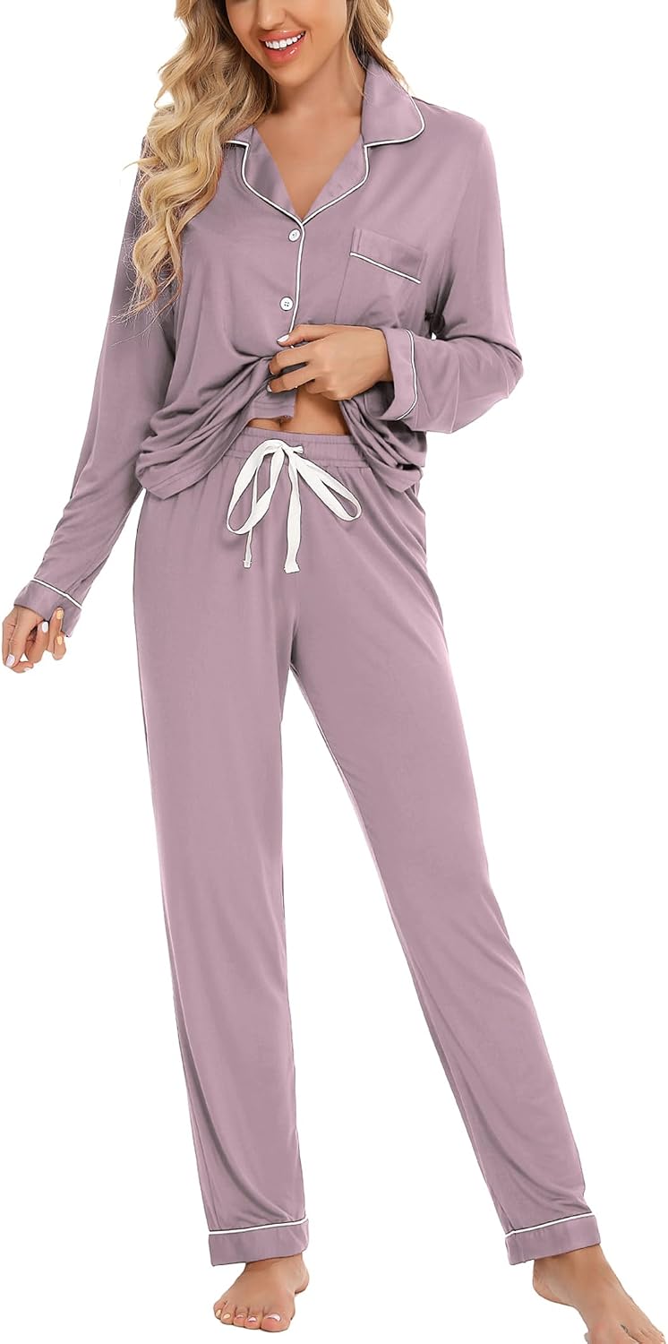 Leikar Button Up Pajamas For Women Long Sleeve Viscose Soft Pjs Lounge