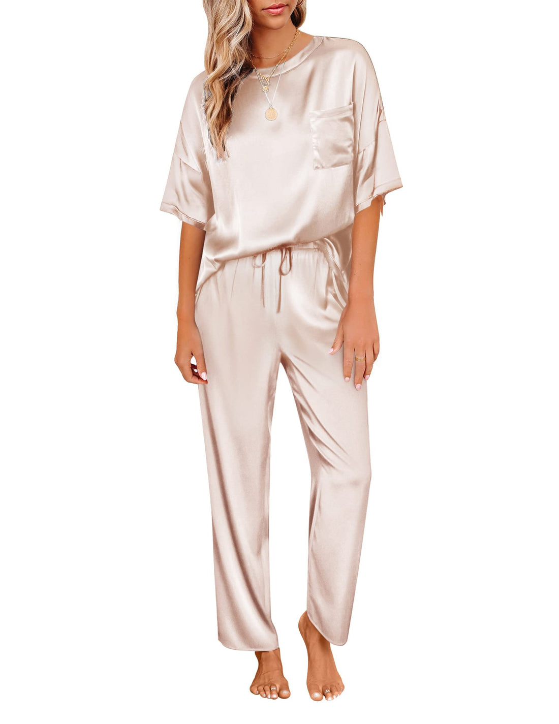 Ekouaer Pajamas for Women Set Silky Satin 2 Piece Lounge Sets with Pockets