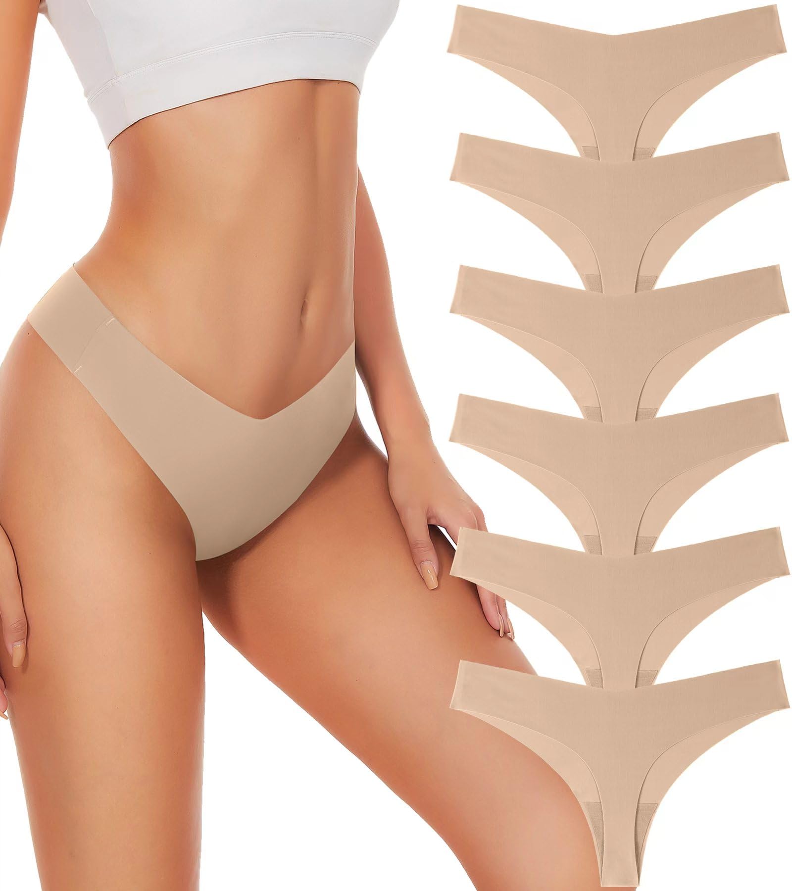 Seamless Thongs For Women V-waisted No Show Underwear 6-Pack | No Show Thong Seamless Panties Breathable Comfortable Underwear