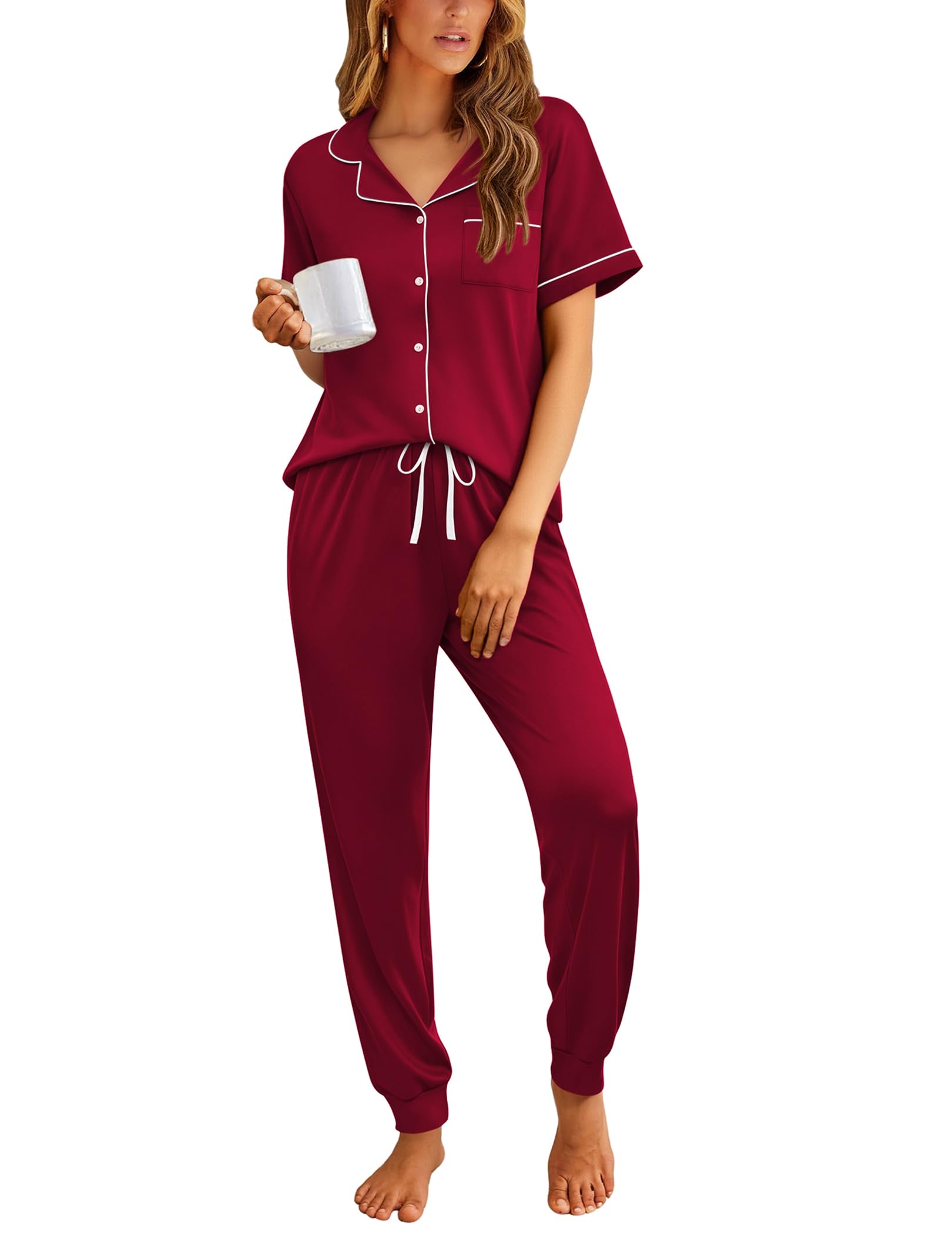 Ekouaer Women Pajama Set Short Sleeve Button Down Pjs with Jogger Pants