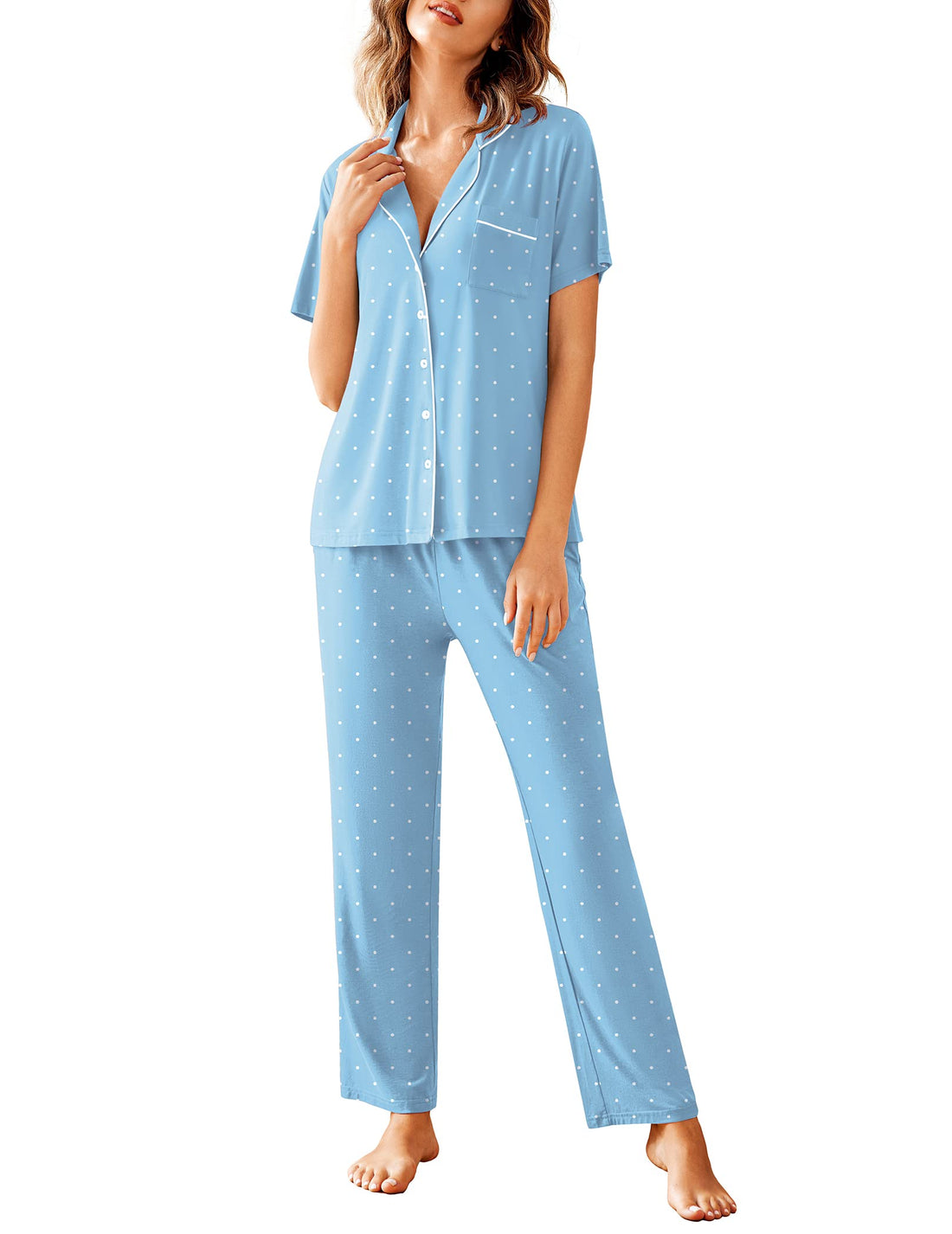 Avidlove Women Pajamas Set Notch Collar Soft Sleepwear Pjs Short Sleeve Button Down Nightwear with Long Pants