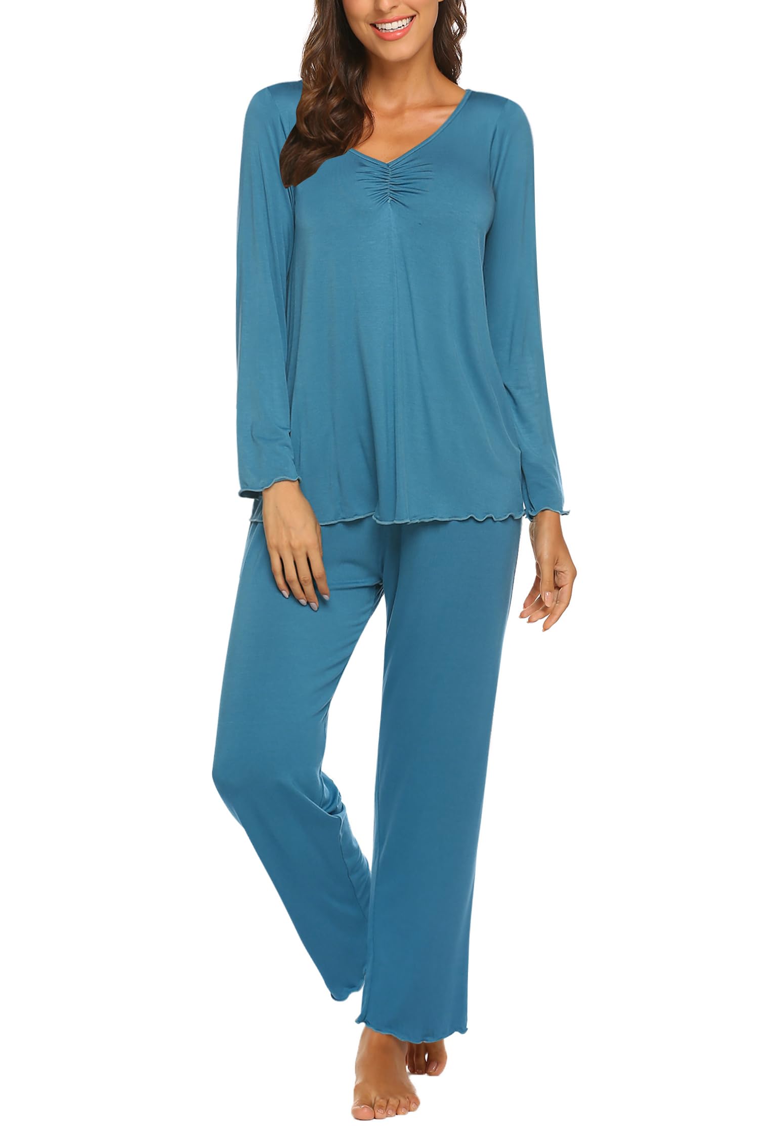 Ekouaer Pajamas for Women Set Long Sleeve Pleated Top and Pants Loungewear