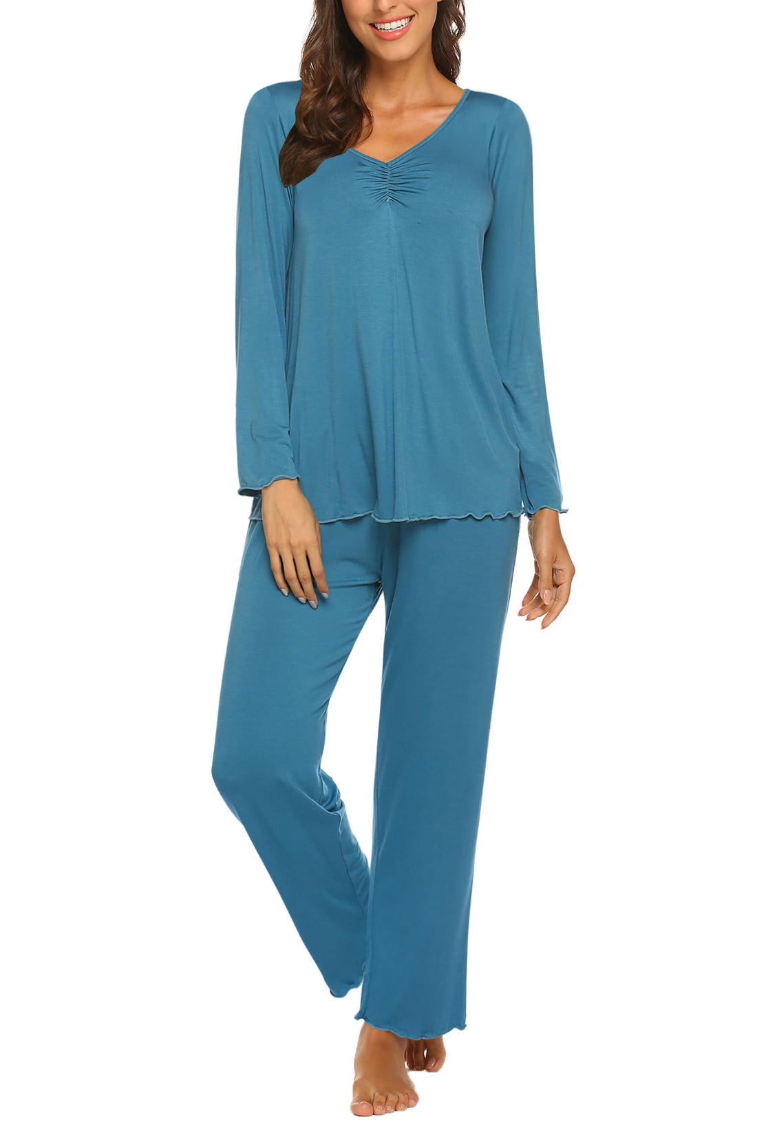 Ekouaer Pajamas for Women Set Long Sleeve Pleated Top and Pants Loungewear