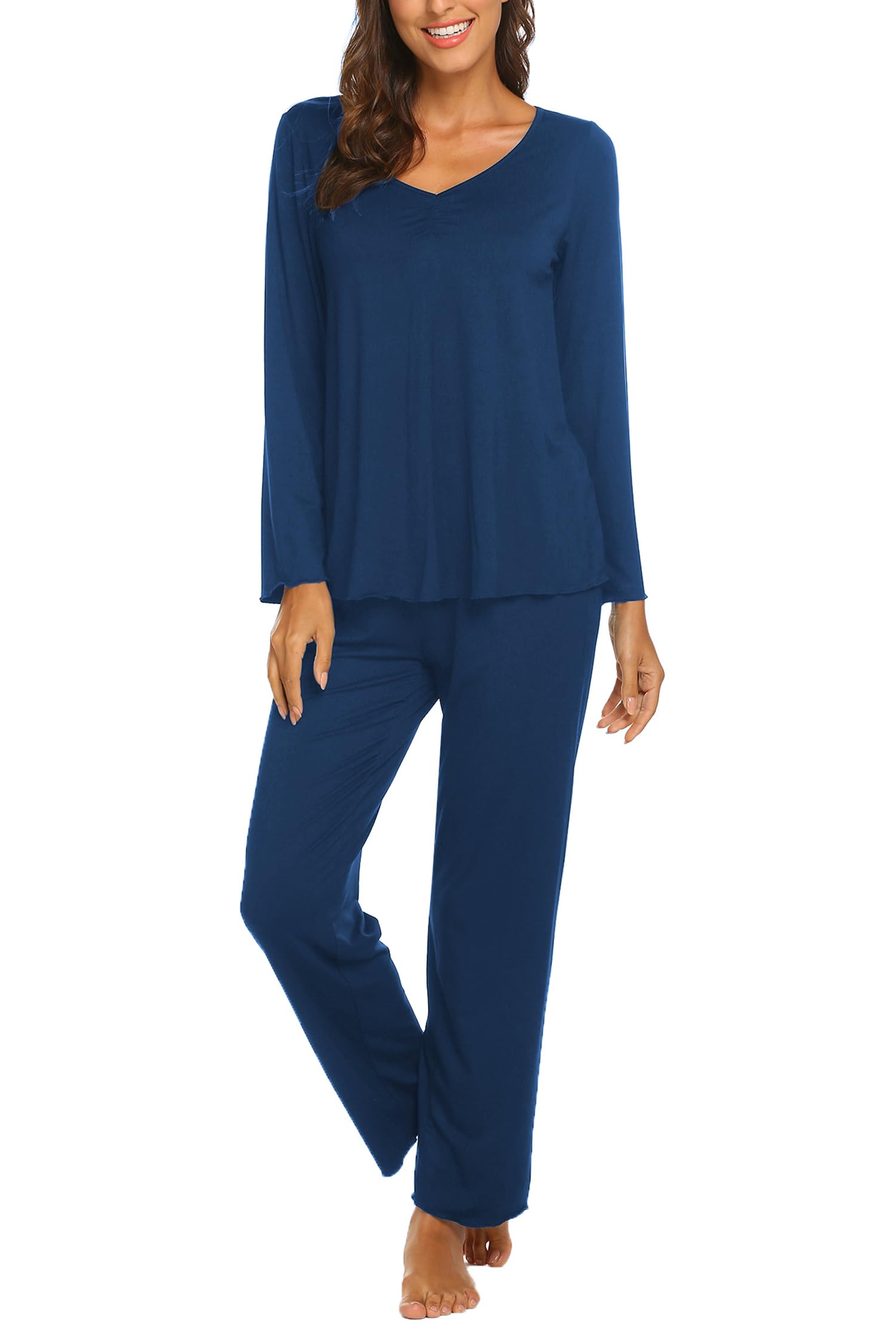 Ekouaer Pajamas for Women Set Long Sleeve Pleated Top and Pants Loungewear