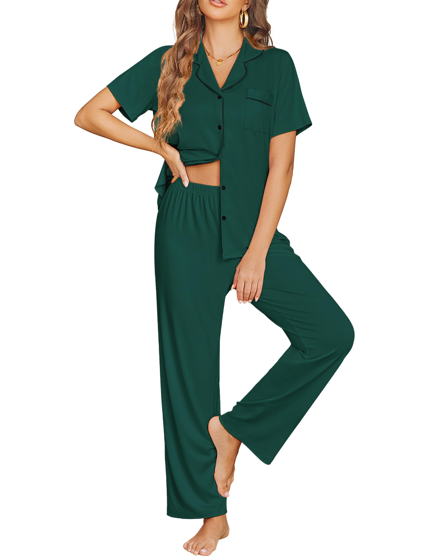 Ekouaer Womens Pajama Sets Button Down Lounge Sets 2 Piece Short Sleeve Pjs