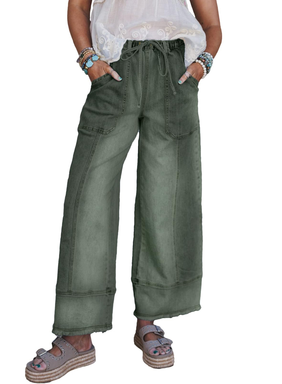 SHEWIN Women's Wide Leg Jeans High Waisted Baggy Jeans Stretchy Drawstring Denim Pants