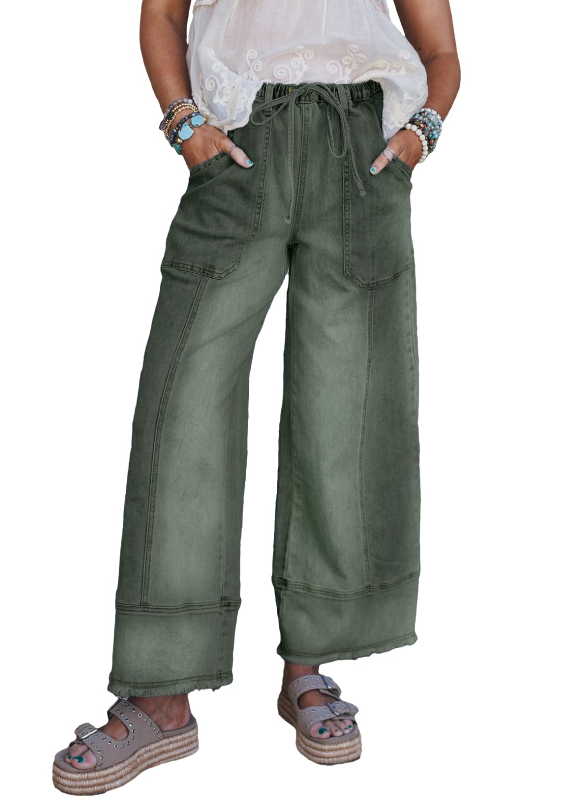 SHEWIN Women's Wide Leg Jeans High Waisted Baggy Jeans Stretchy Drawstring Denim Pants